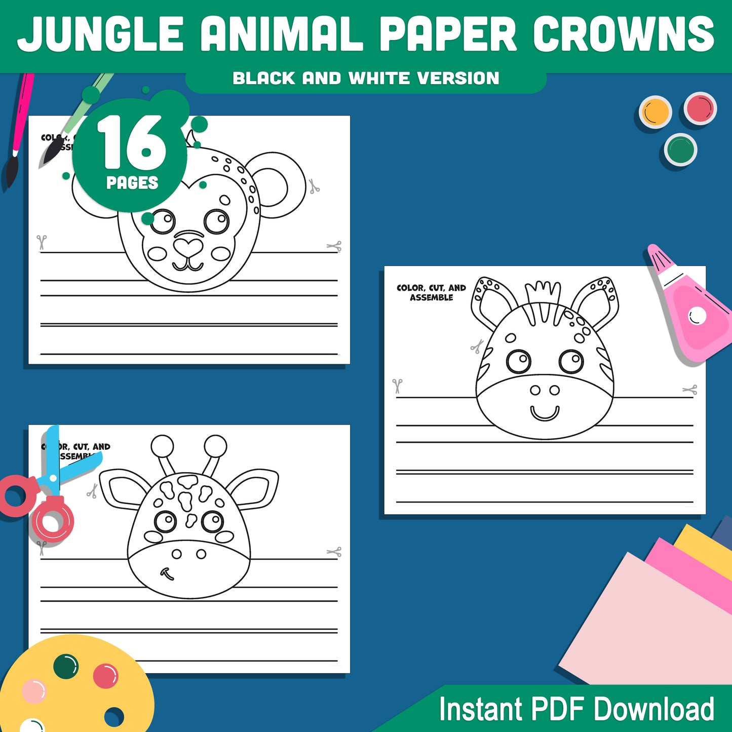 Jungle Animal Paper Crown Templates: 8 Cute Animal Headbands for Kids to Print, Color & Assemble, Includes Tiger, Elephant, Monkey & More – PDF