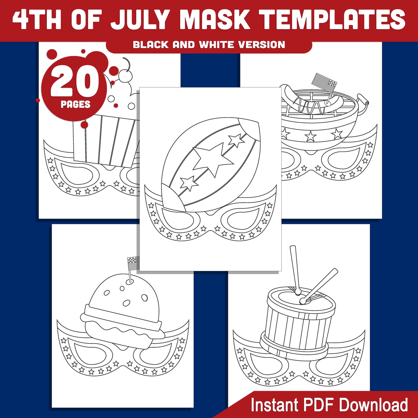 Patriotic 4th of July Mask Templates – 20 Printable Kids Crafts Featuring Liberty Mask, American Flag, USA Map, Eagle, Hat & Burger, PDF Download