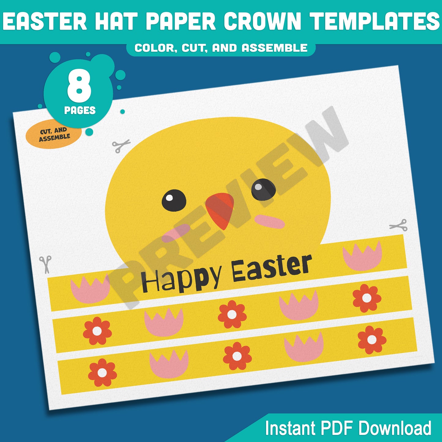 DIY Easter Hat Paper Crown, 8-Page Printable Kids Craft with 4 Fun Headband Designs, Bunny & Chick Theme, Pre-Colored & Coloring Options.