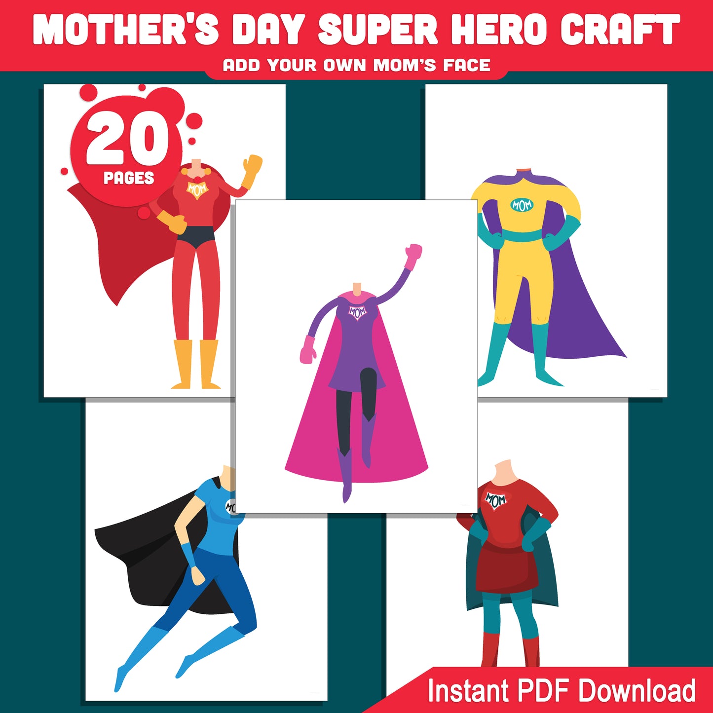 Super Mom Craft Template for Mother’s Day – Add Your Own Mom’s Face to This Printable Superhero Body, Great for Class or Home Activity, Light + Dark Skin Tone, PDF + PNG
