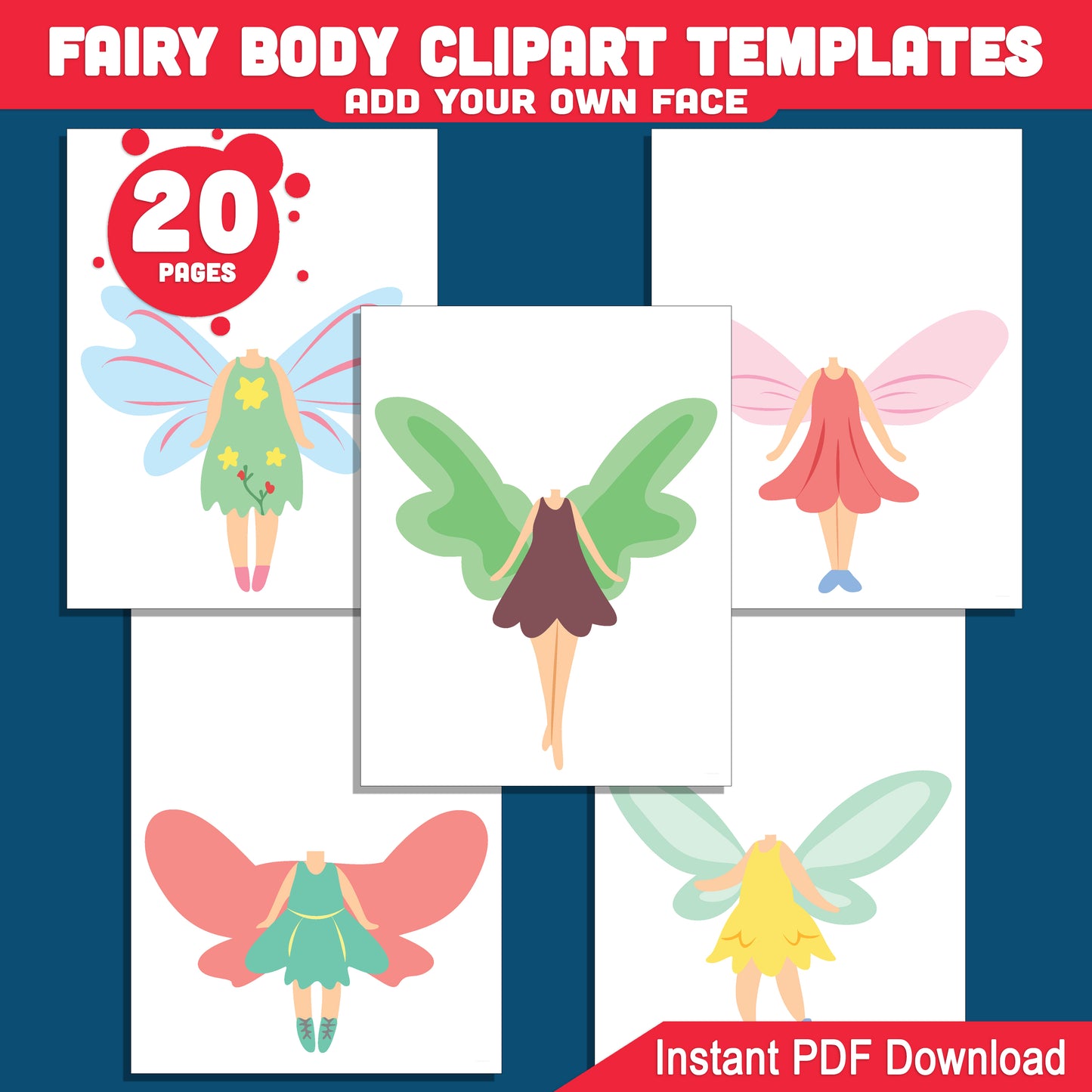 Fairy Body Clipart Templates: Personalize with Your Face, Printable Fairy-Themed Cutouts for Kids' DIY Art, Creative Play, Magical Craft Fun, Light + Dark Skin Tone, PDF + PNG Download.