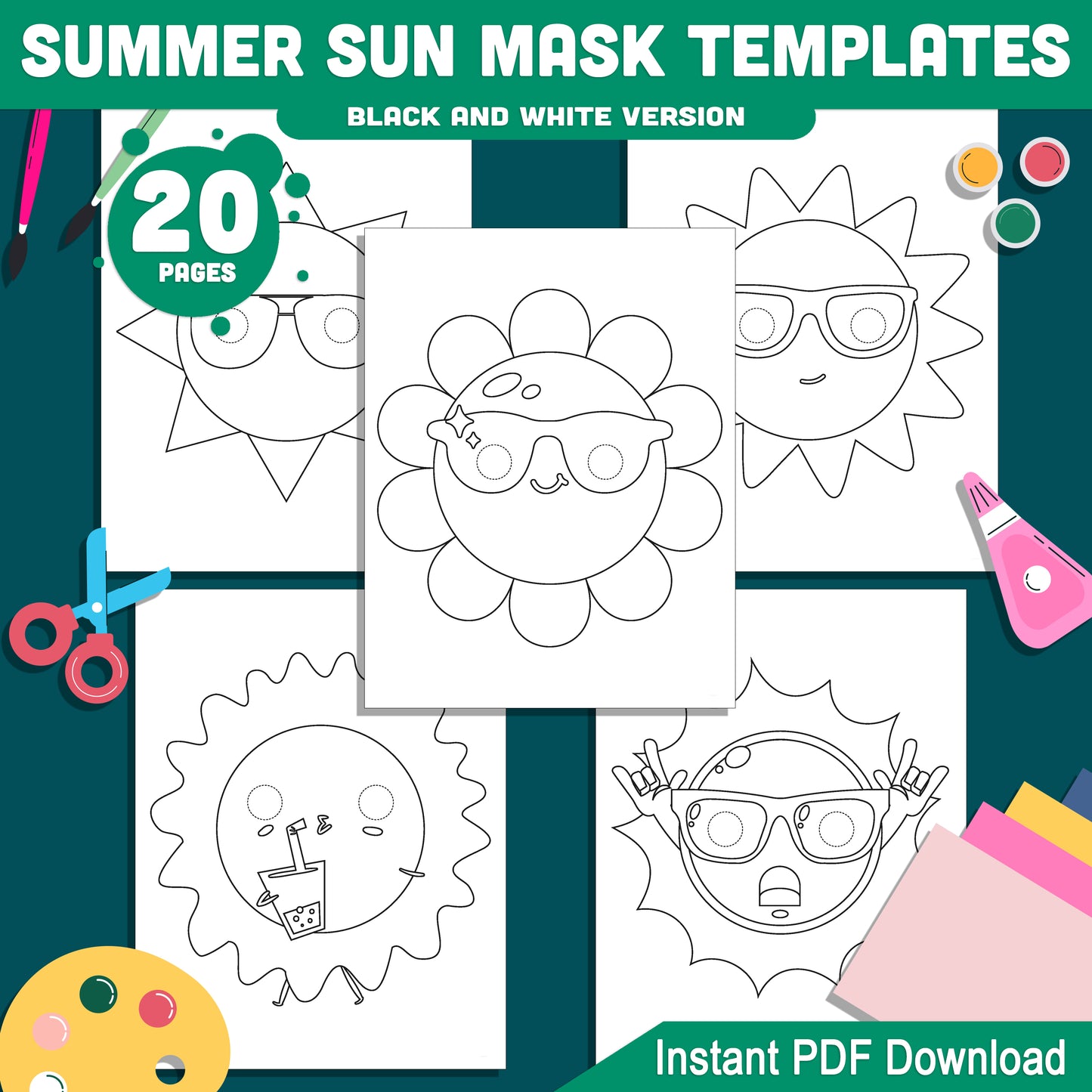 DIY Summer Sun Mask Templates: 20 Printable Pages, Pre-Colored + Black & White, Great for Kids' Crafts, Classroom, Dress-Up, and Party Fun