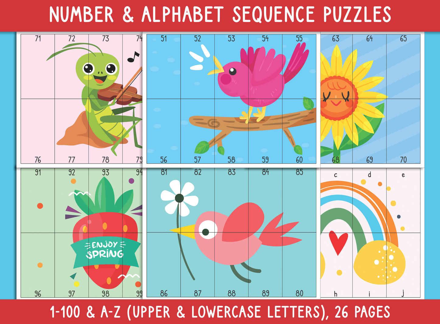 Spring Number and Alphabet Sequence Puzzles (Printable), 1-100 and A-Z (Upper & Lowercase Letters), for Toddler, Preschool, Kindergarten