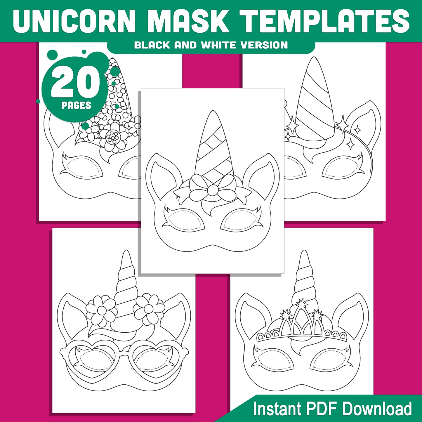 Fun Unicorn Mask Templates: Printable Kids’ Birthday Face Masks, Pre-Colored & Black & White, Ideal for Costumes, Party Favors & Play, Instant PDF.