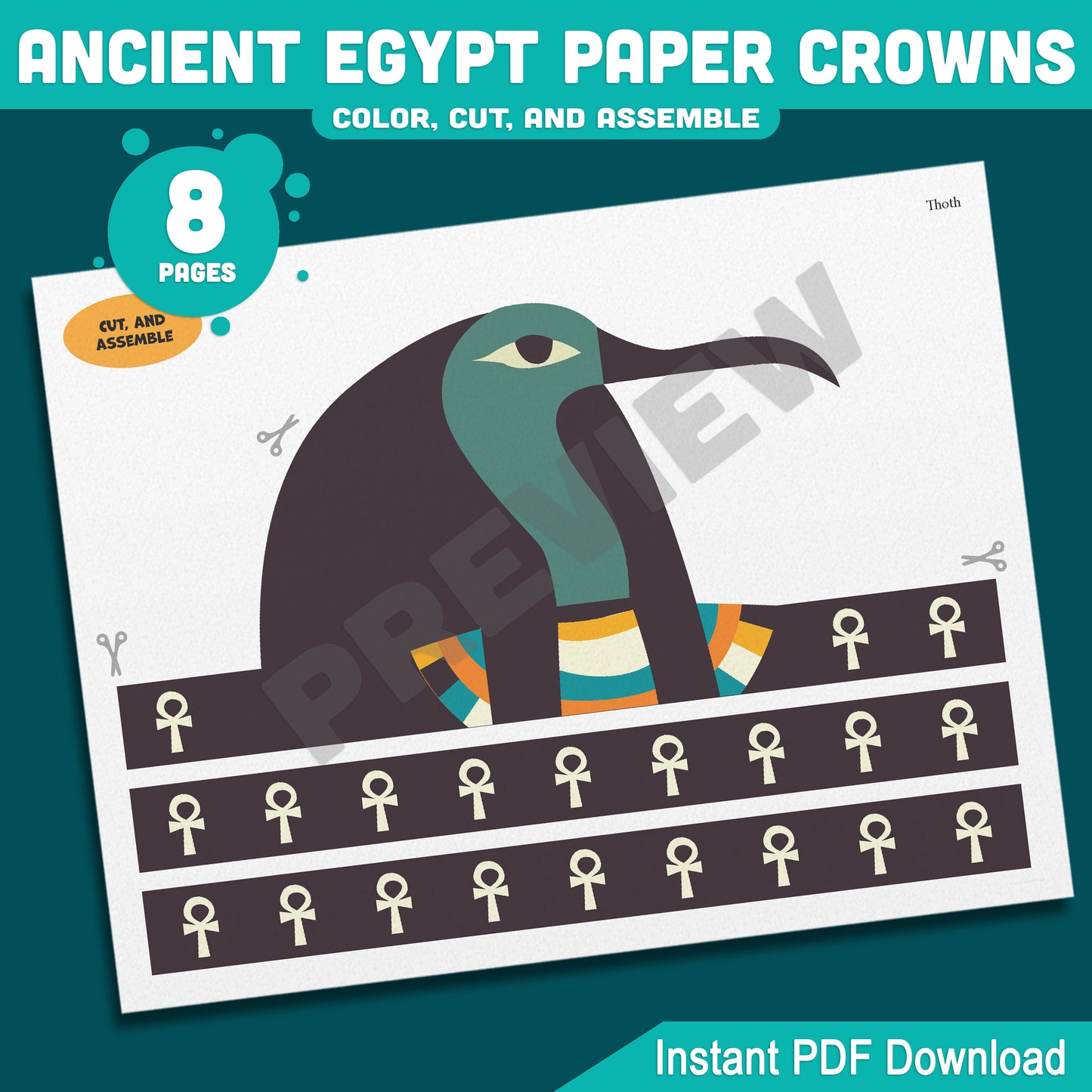 Ancient Egypt Crown Templates – Fun Printable Kids Craft with Pharaoh, Cleopatra, Anubis & Thoth Designs, Easy DIY Headbands, PDF Instant