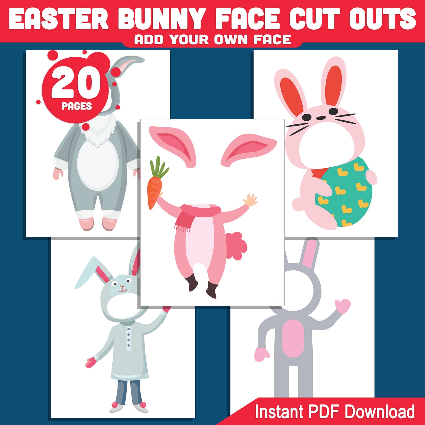 DIY Easter Bunny Face Cutout Templates: 20 Printable Designs for a Fun Kids’ Activity, Add Your Own Face, Creative Spring Craft, Instant PDF Download