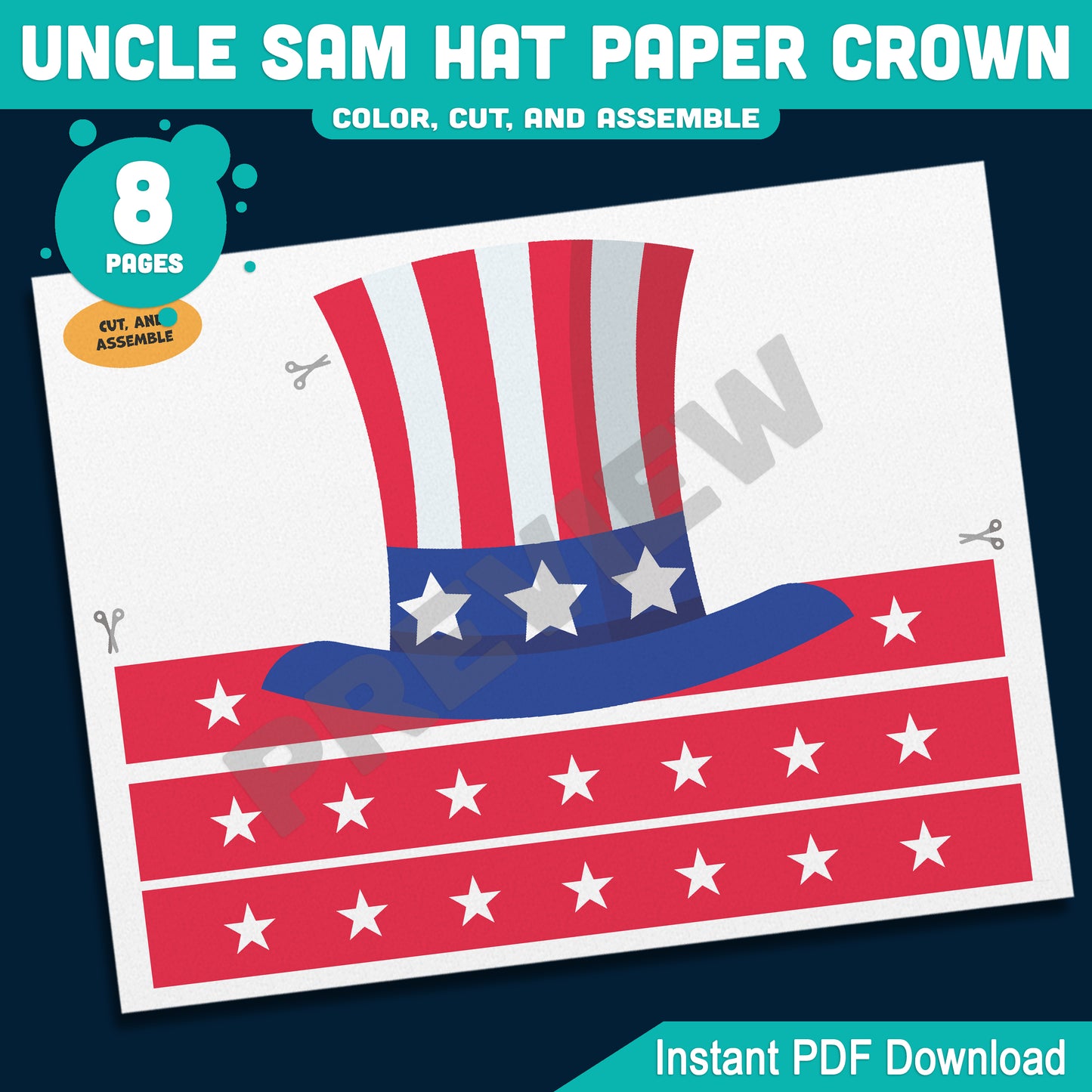 Uncle Sam Paper Hat Crown – Fun USA Patriotic Headband for Preschool & Kindergarten, Party Craft for July 4th or Veterans Day, PDF Download