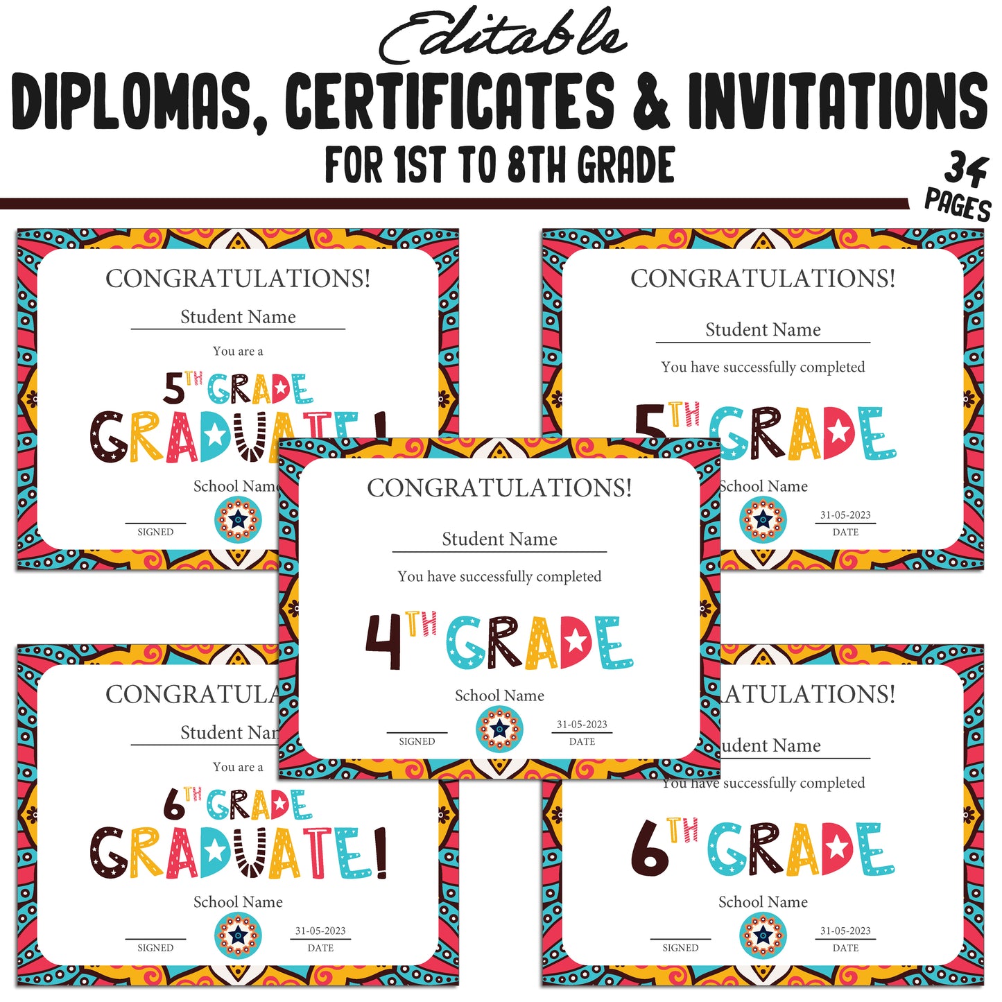 Printable 8th Grade Diplomas, Editable 1st-8th Grade Certificates, Invitation Templates in Tribal Mandala Design, 34 Pages, Instant Download