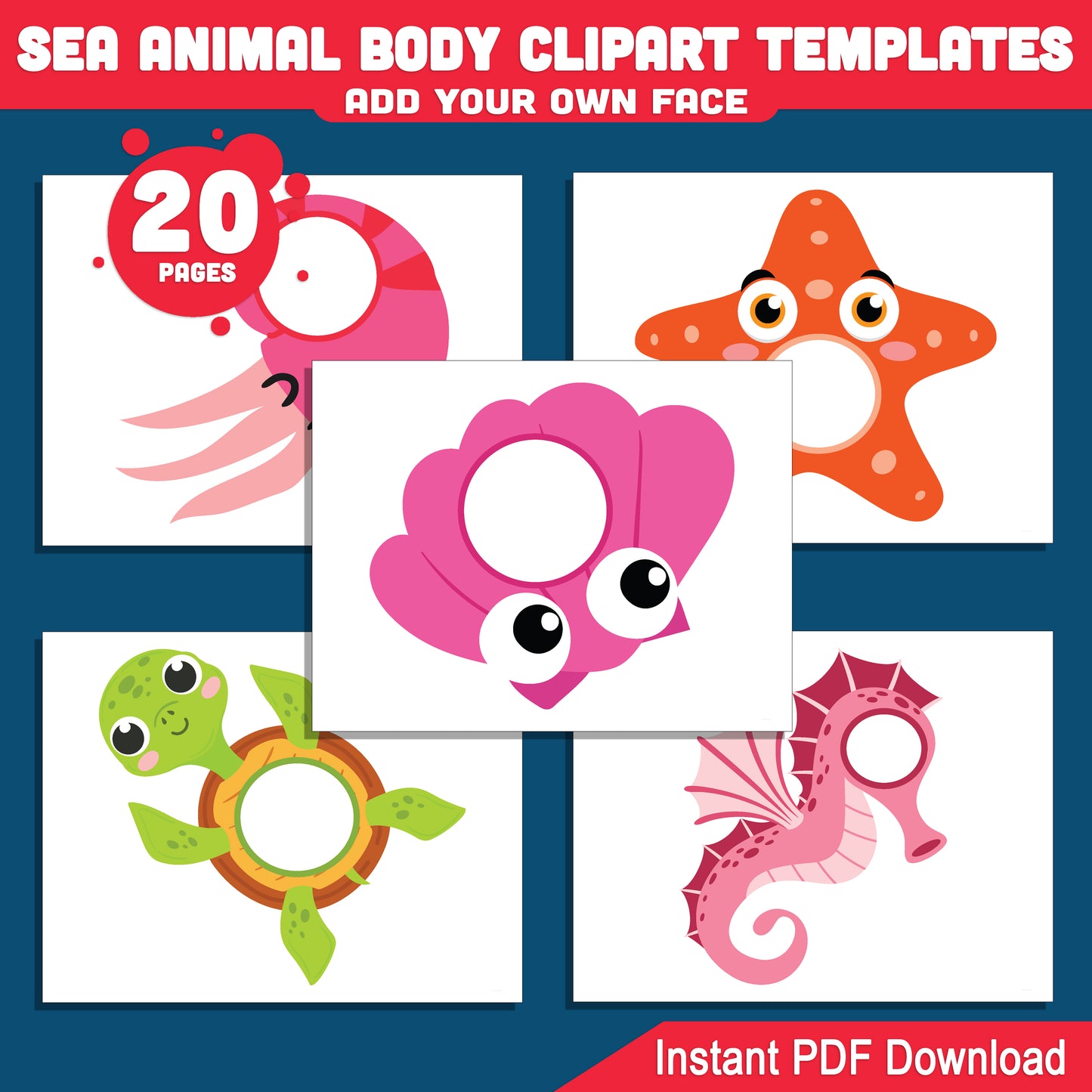 Sealife Animal Body Clipart: Add Your Own Photo Face, 20 Printable Ocean-Themed Cutouts for Kids’ DIY Creativity, Fun Marine Craft Activity, PDF Instant Download