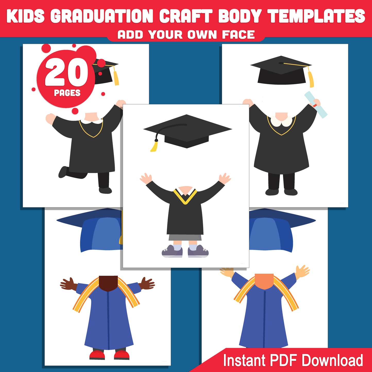Kids Graduation Craft Activity: 20 Printable Body Templates for Pre-K to Kindergarten, Add Your Own Face for a Fun Graduation Project, Light + Dark Skin Tone, PDF + PNG