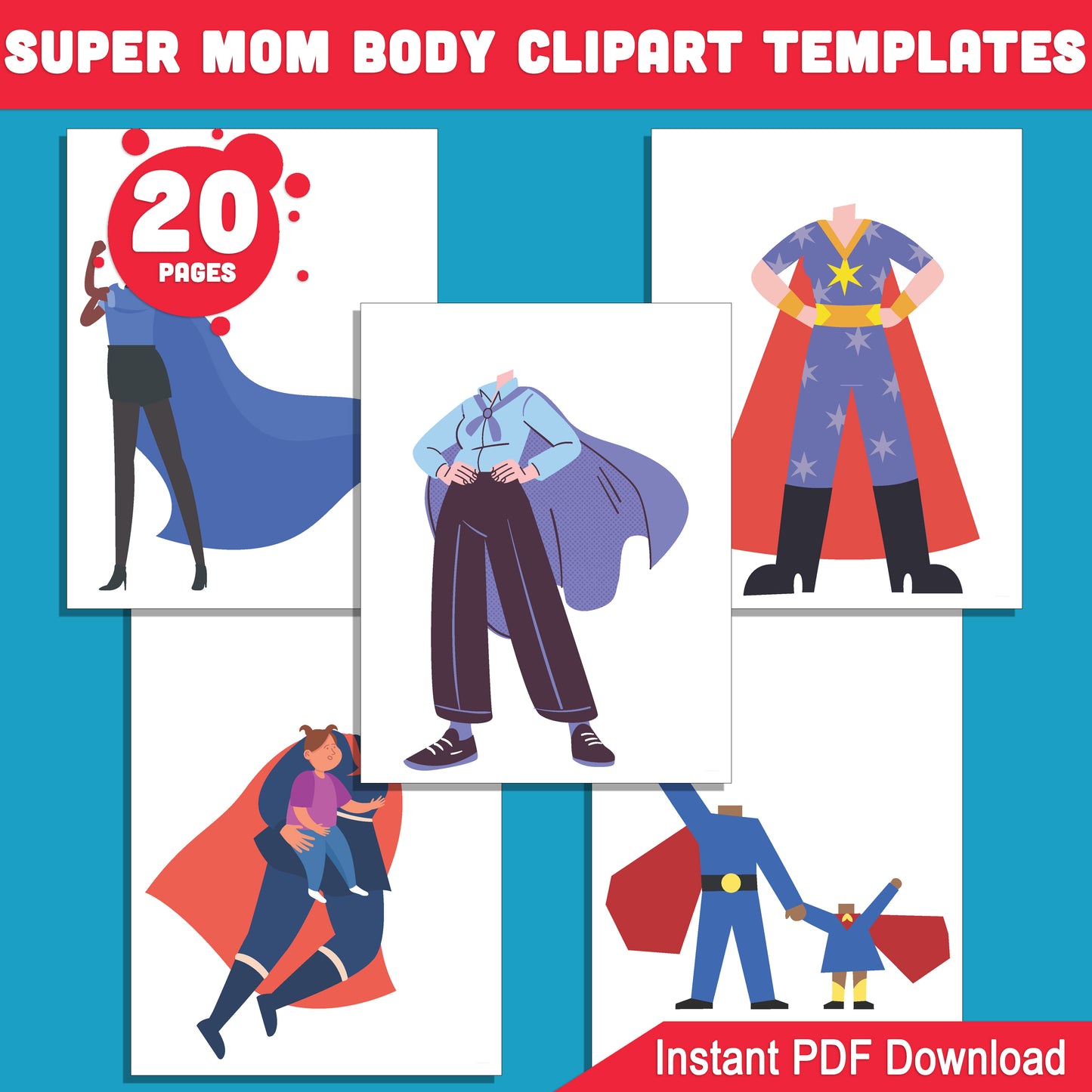 Super Mom Body Clipart: Printable Designs, Customizable Craft for Kids, Fun Mother’s Day Activity to Add Your Mom’s Face, Light + Dark Skin Tone, PDF + PNG