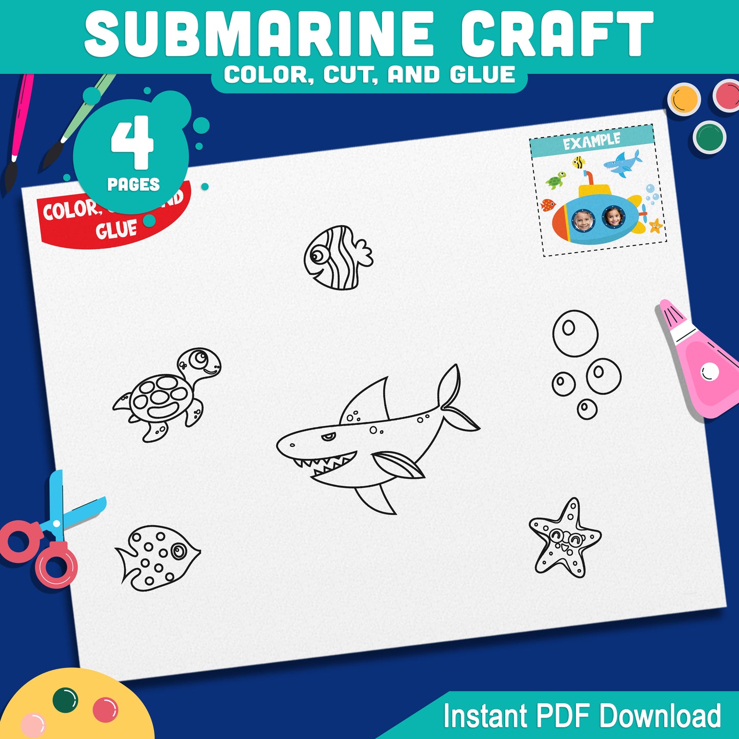 Under the Sea Submarine Photo Craft, Summer Printable Activity, Ocean-Themed Cut and Glue Project, Classroom Decor, Full Color and Outline Set