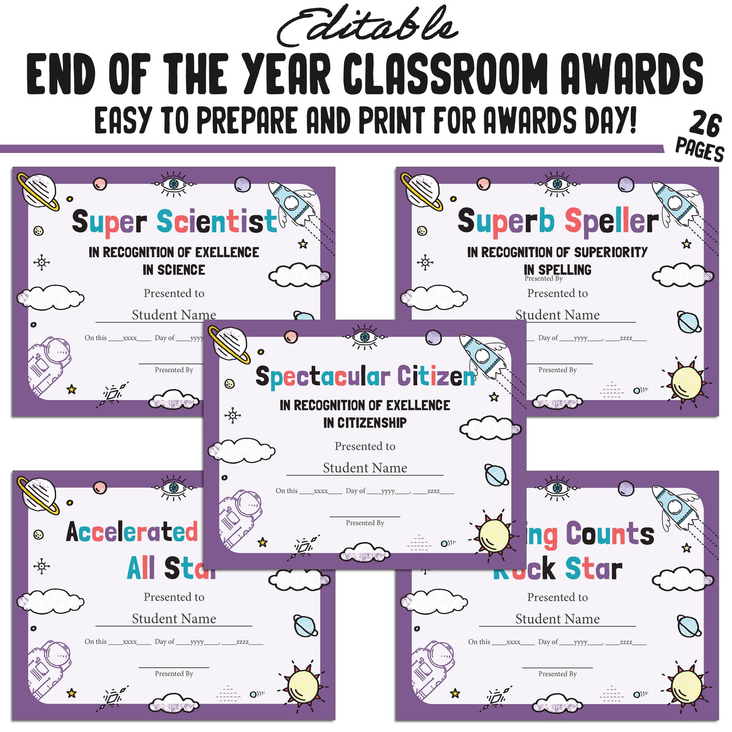 Editable Unique Class Superlatives, Fun Classroom Awards for the End of the School Year, 26 Pages, PDF, Instant Download