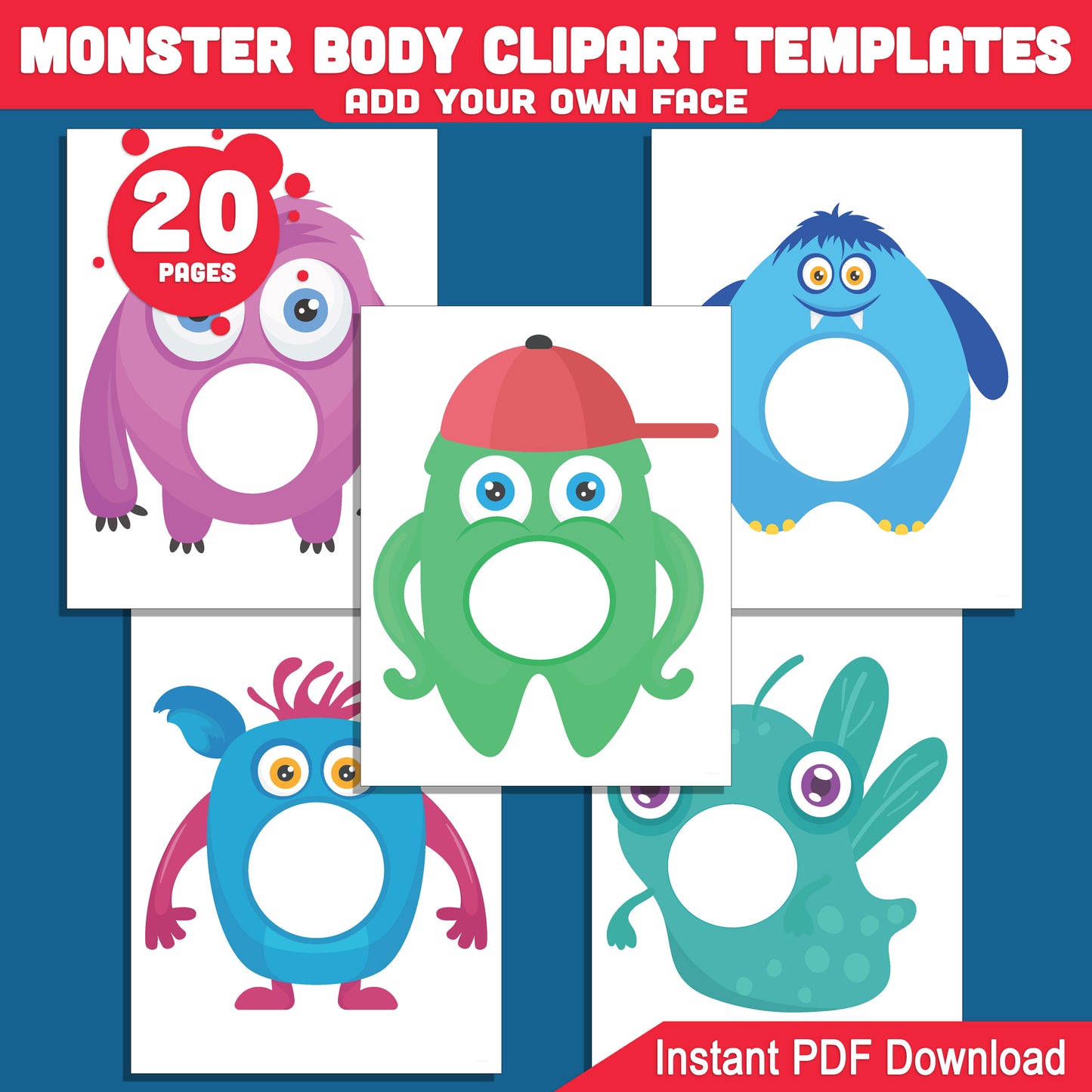 Monster Body Clipart Templates: Funny DIY Face Swap Craft, 20 Silly and Spooky Monster Printables for Kids’ Activities, Instant PDF Download.
