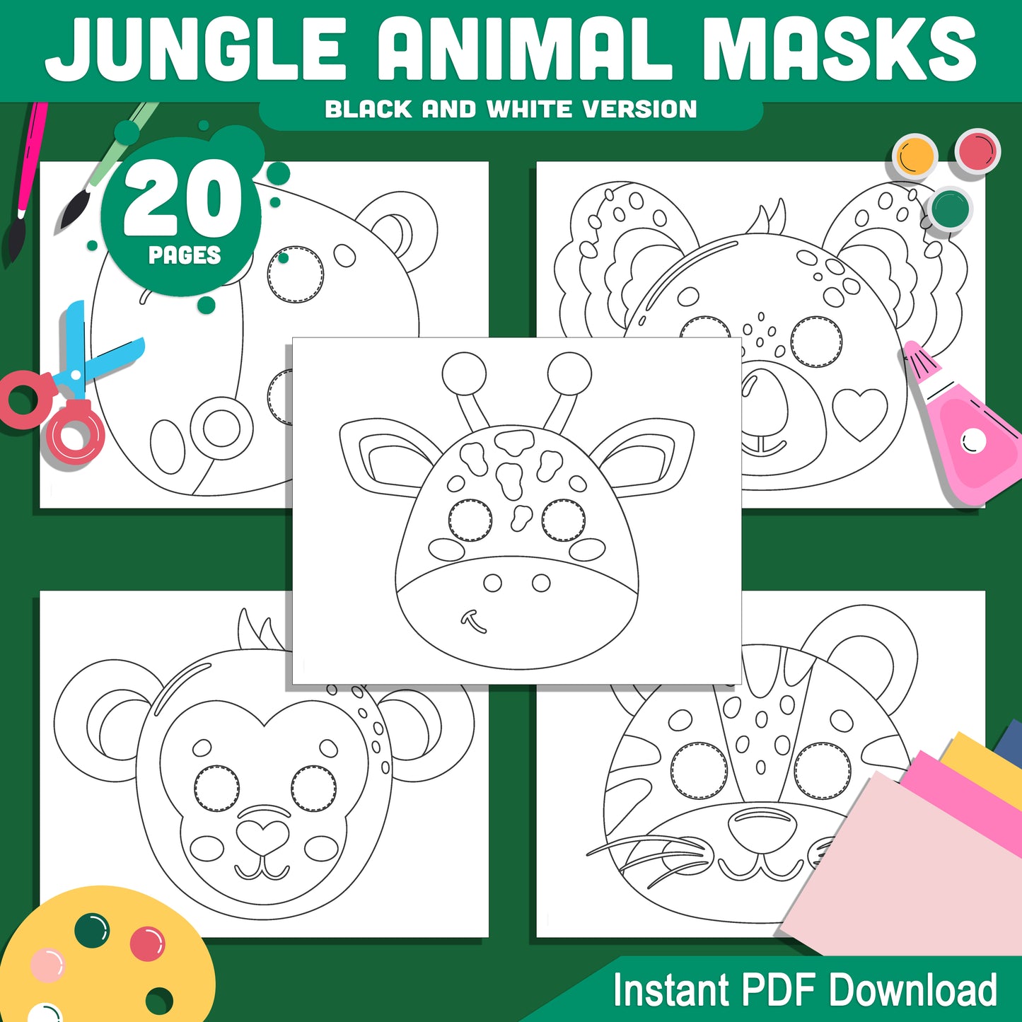 Animal Masks Printable for Kids: 10 Jungle-Themed Designs to Color, Cut & Assemble, Includes Black & White & Pre-Colored Versions, PDF Download