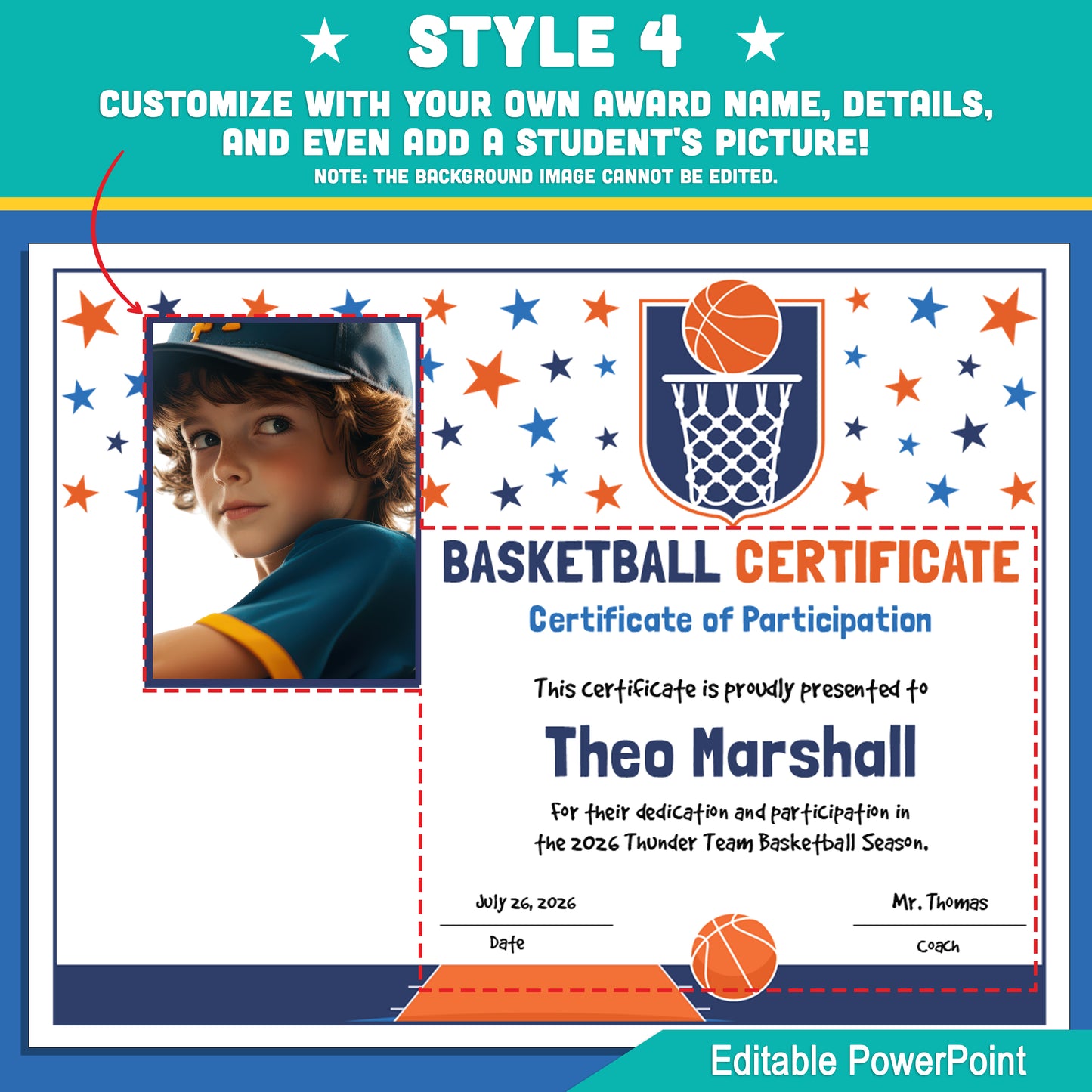 Editable Basketball Certificates | 4 Styles with Photo Options | Youth Team Awards, Player Recognition - 8.5x11 PowerPoint Instant Download