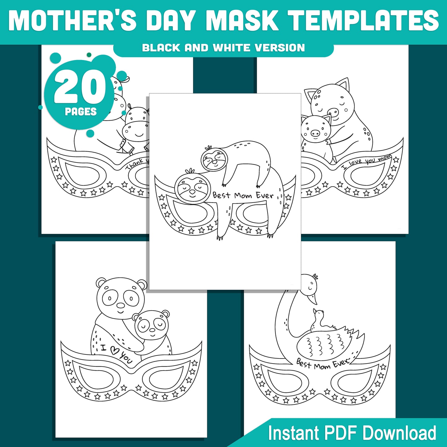 Mother’s Day Mask Templates – Printable Kids Craft Featuring Animal Moms & Special Messages, 20 Designs in Color & B/W, Instant PDF Download