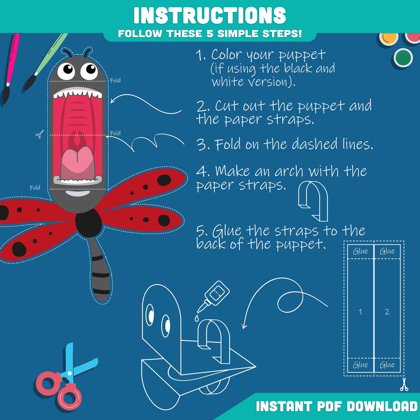 Dinosaur Paper Puppet Templates: 20-Page Fun Printable Craft for Kids, Pre-Colored & B/W, Perfect for Imaginative Play, Easy to Cut & Assemble, Instant PDF Download