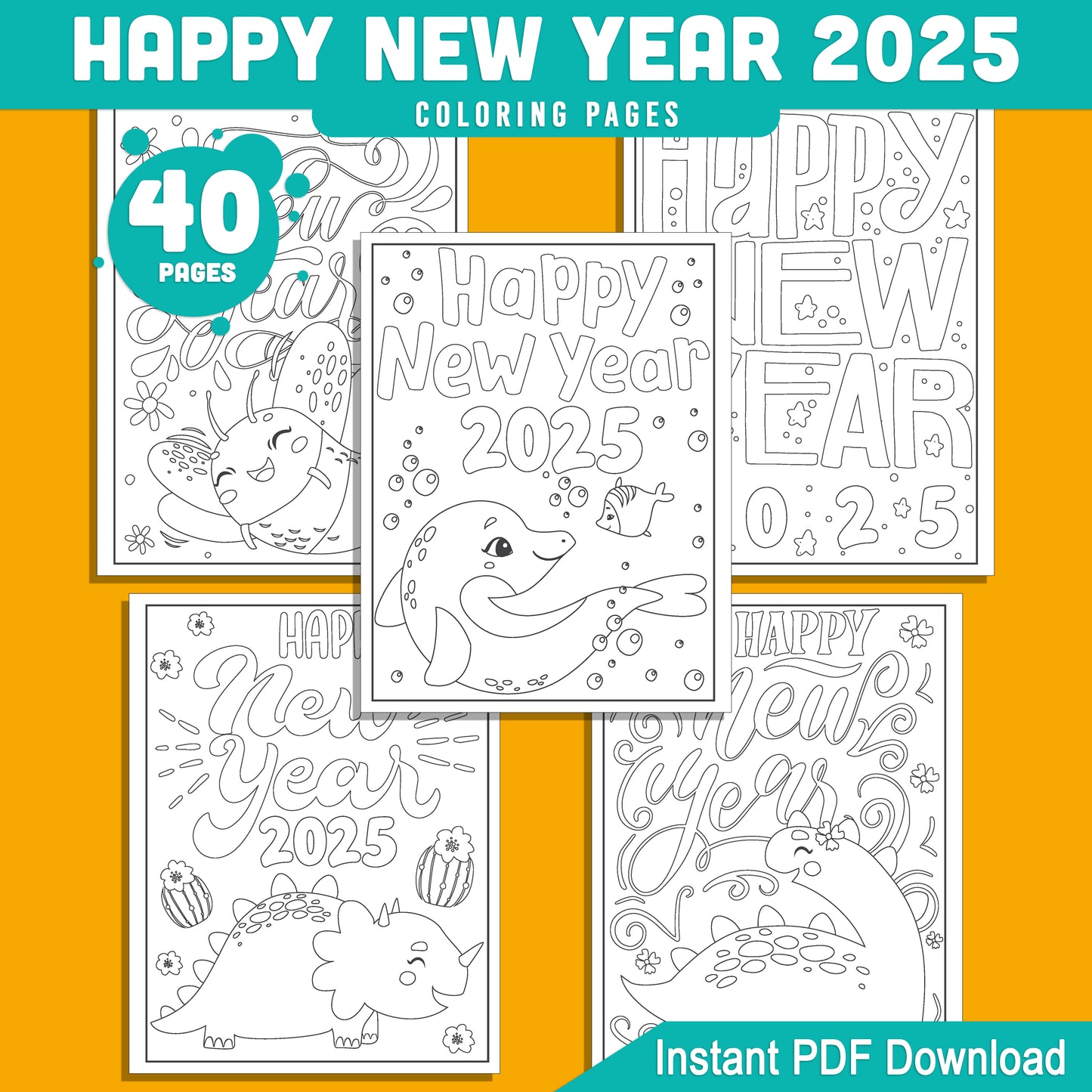 Kids' 2025 New Year Coloring Pages: 40 Funny Animal Prints for Holiday Fun, Creative Printable Activities, PDF Instant Download