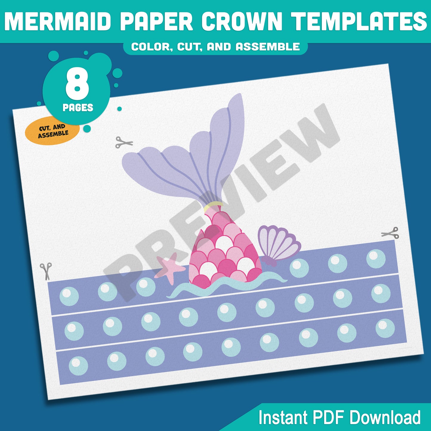 Mermaid Paper Crown, Hat, and Headband Craft for Kids – Fun Printable Designs in Color & Black and White, Instant 8-Page PDF Download