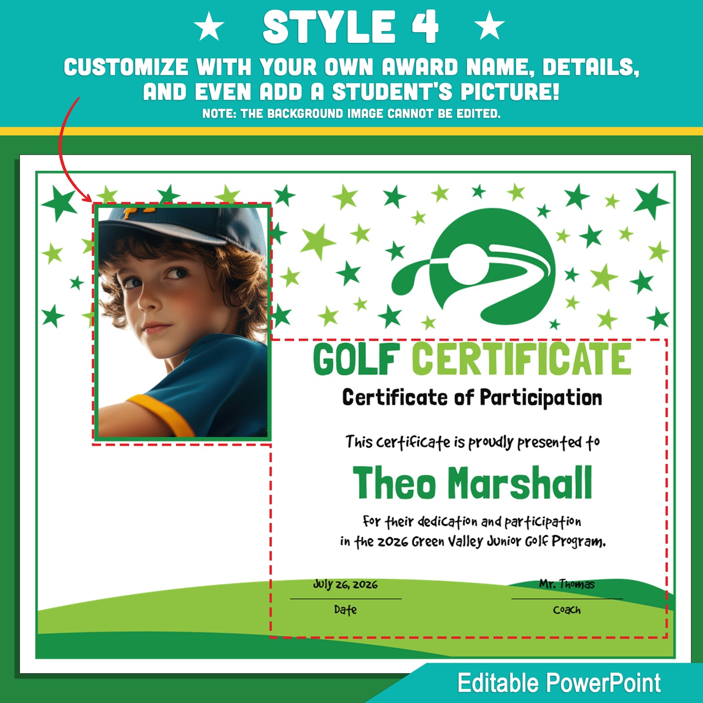 Editable Golf Certificates | 4 Styles with Photo Options | Youth Lesson Awards, Player Recognition - 8.5x11 PowerPoint Instant Download