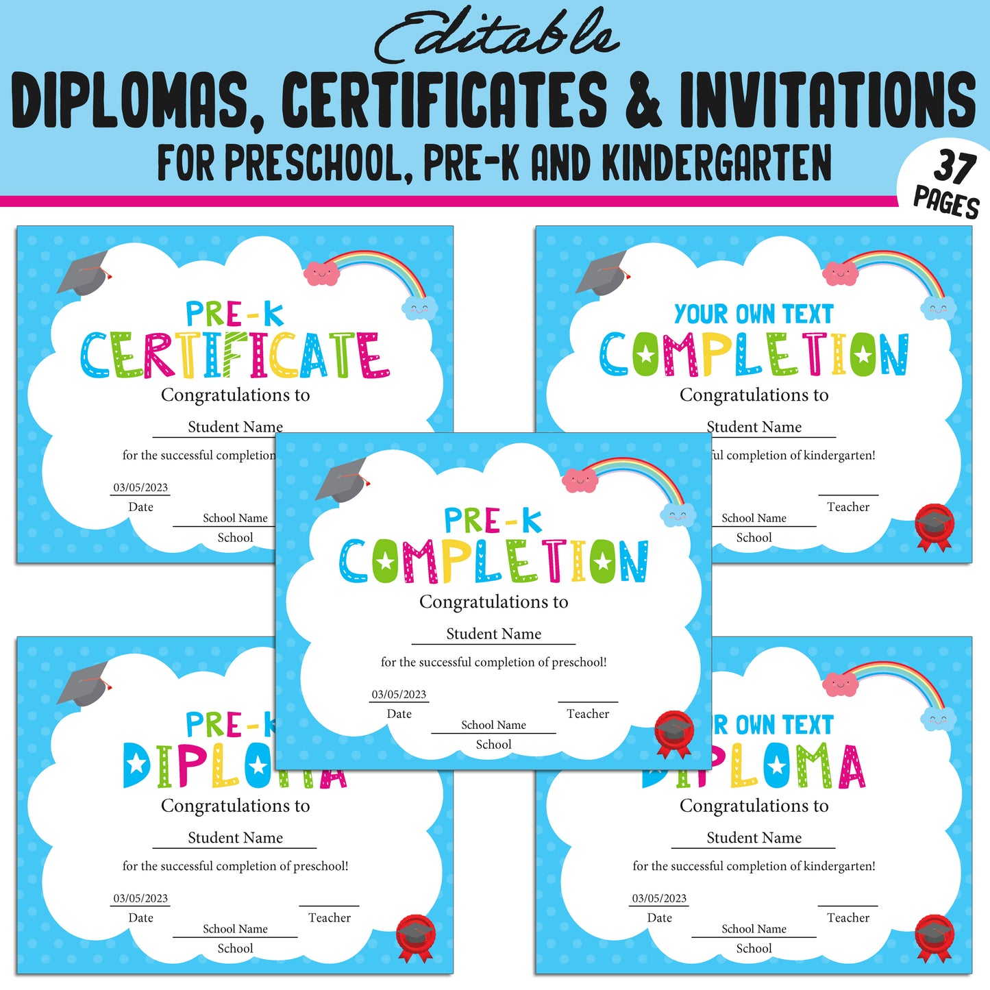 37 Editable Pre-K, Preschool, and Kindergarten Diplomas, Certificates, and Invitations β Instant PDF Download!