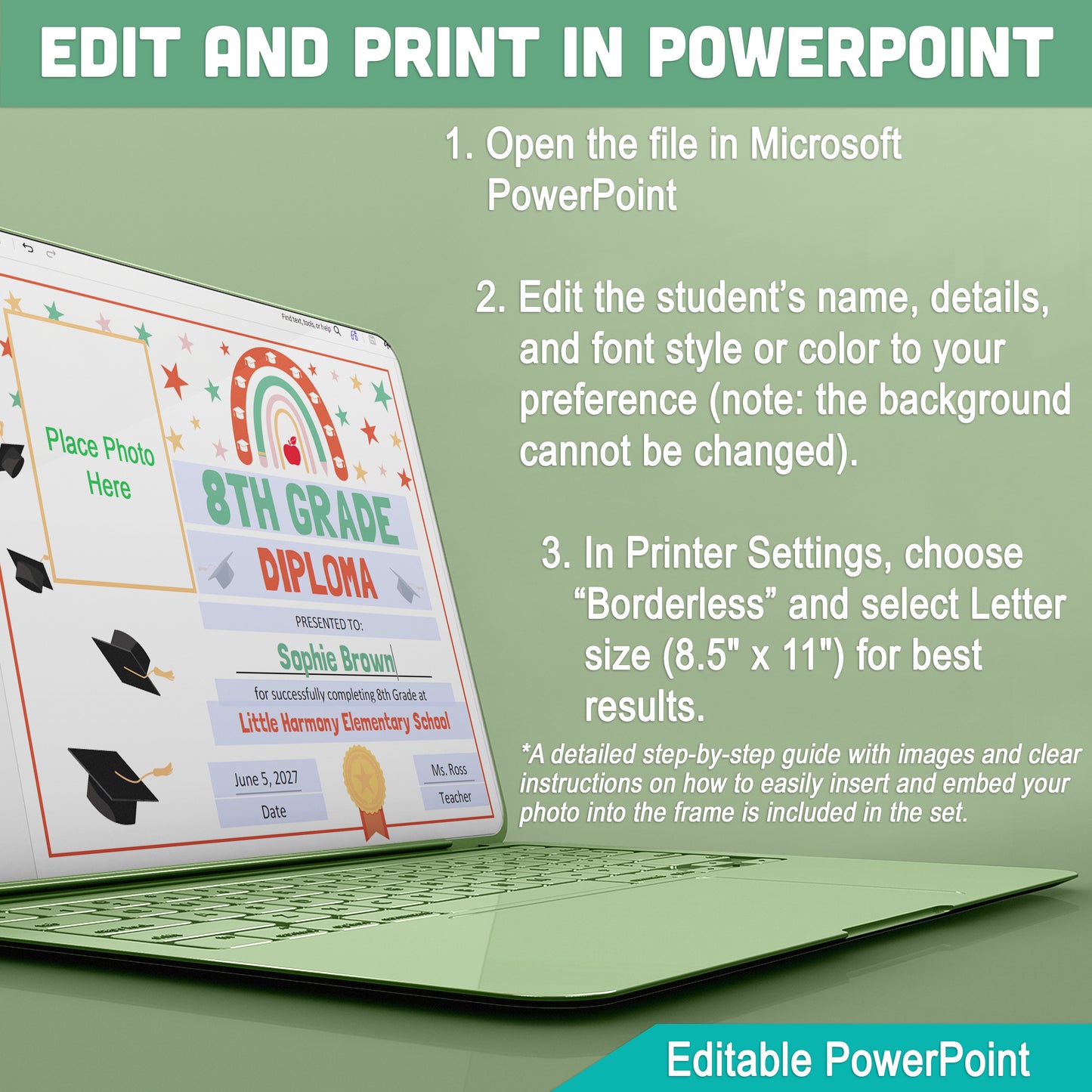 Editable 8th Grade Graduation Diploma & Certificate Set, Retro Rainbow Stars Theme, 8.5x11 Awards, Photo and No-Photo Options, PDF, PowerPoint