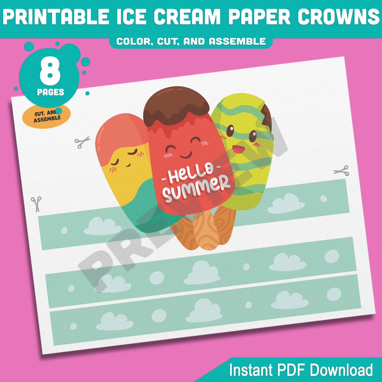Ice Cream Crown Headbands & Hats for Summer Fun – Printable Kids Activity, 4 Cute Designs, Pre-Colored + Black & White, 8 Pages PDF