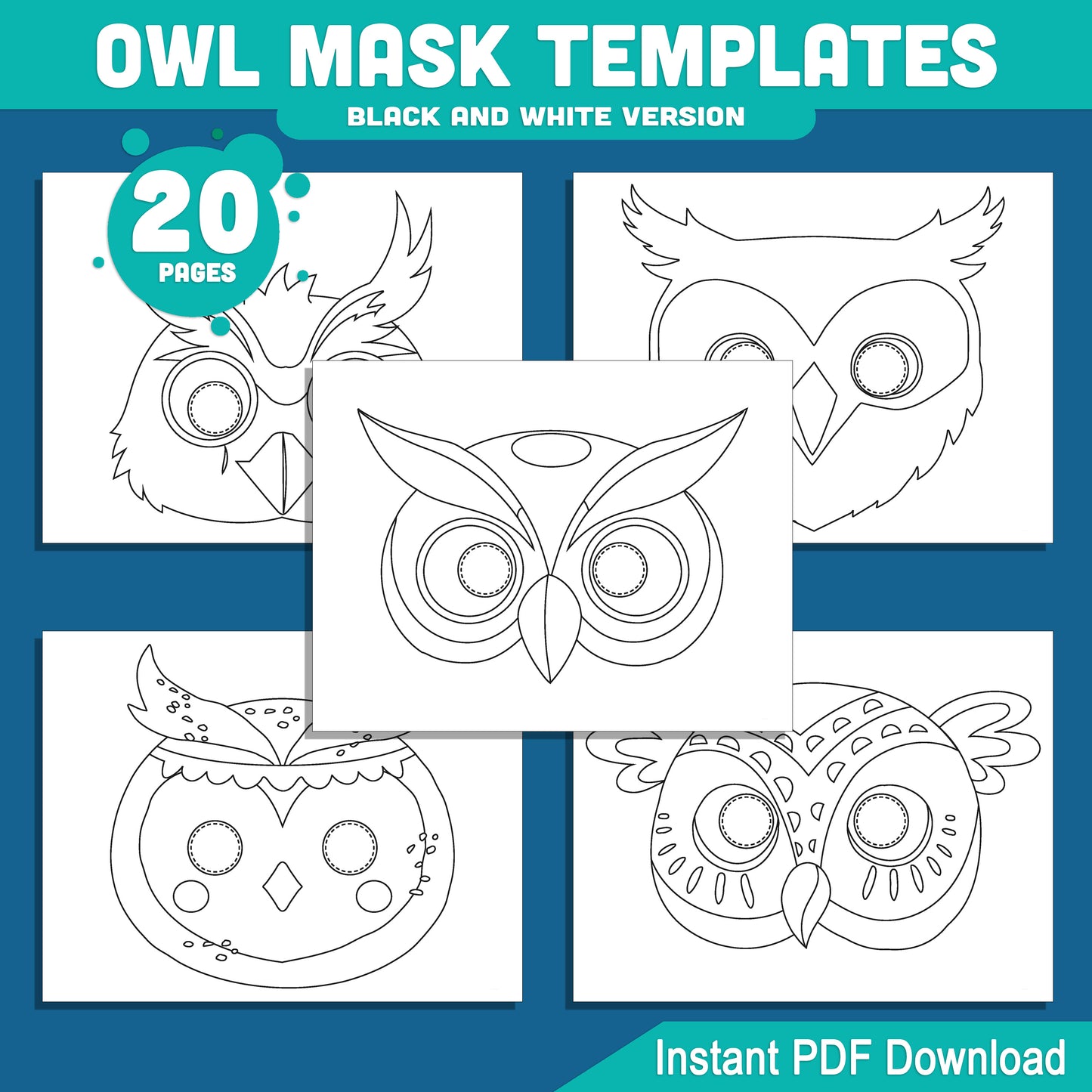 Owl Mask Templates: 20 Printable Pages for Kids’ Craft and Drama, Pre-Colored + Black & White Versions, Fun PDF Activity Download