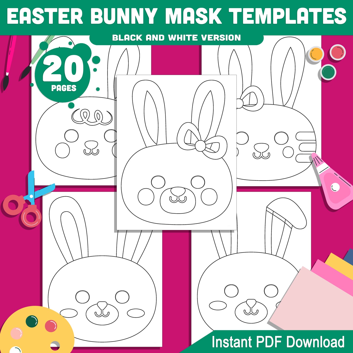 Easter Bunny Mask Printables: 20-Page DIY Craft Set for Kids, Pre-Colored & Black and White, Great for Costumes, Play, Spring Parties, Instant PDF Download