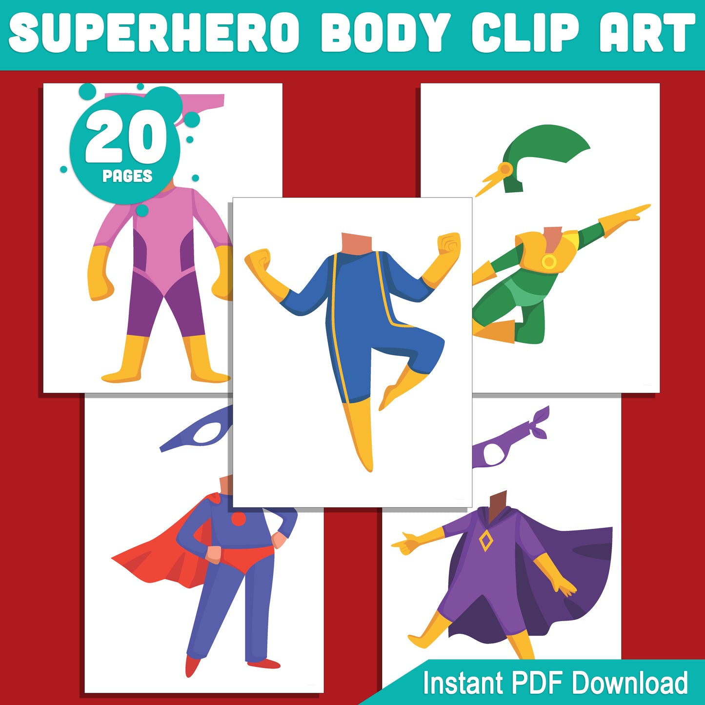 Superhero Body Cutout Clip Art: Add Your Own Face for a Customizable, Fun Activity, Perfect for Kids’ Crafts & Parties, Light + Dark Skin Tone, PDF + PNG