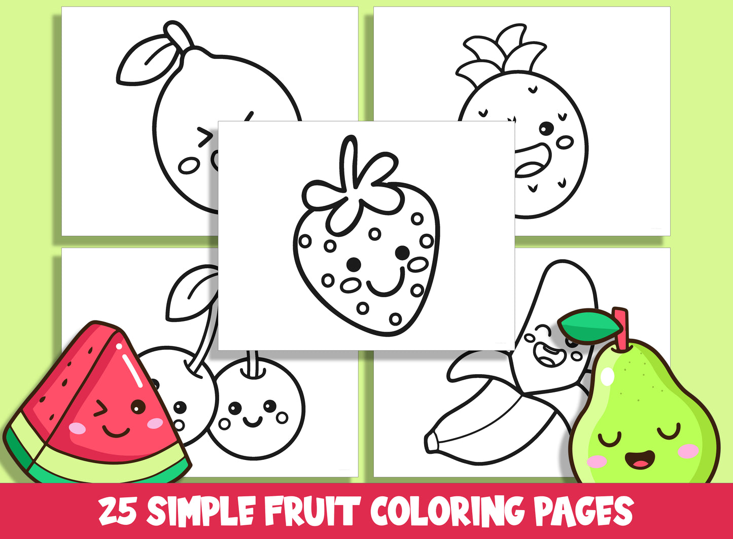 25 Cute and Simple Fruit Coloring Pages, Large Size, Thick Border, Perfect for Preschool & Kindergarten, PDF File, Instant Download