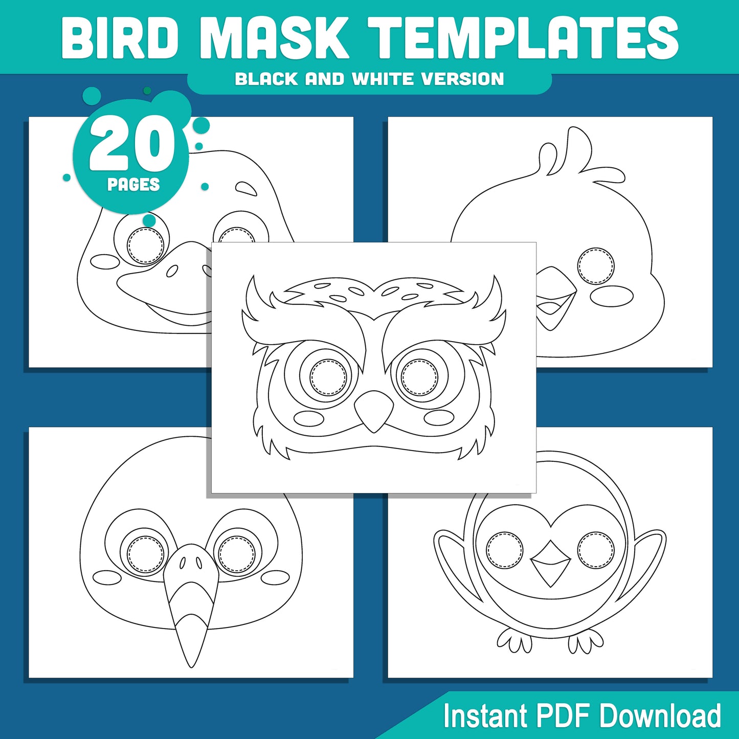 Bird Mask Templates for Kids: 20 Fun Printable Masks for Paper Craft & Pretend Play, Pre-Colored + Black & White, PDF Instant Download