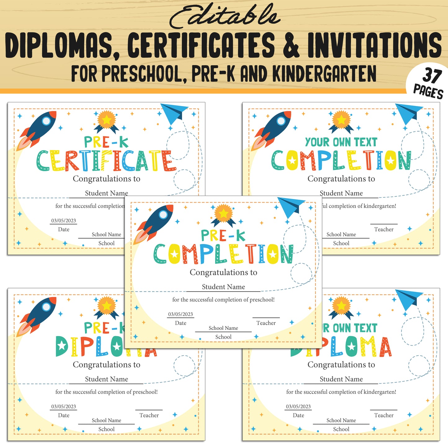 Fun and Editable Preschool, Pre-K, and Kindergarten Diplomas, Certificates, and Invitations β 37 Customizable PDF Pages, Instant Download