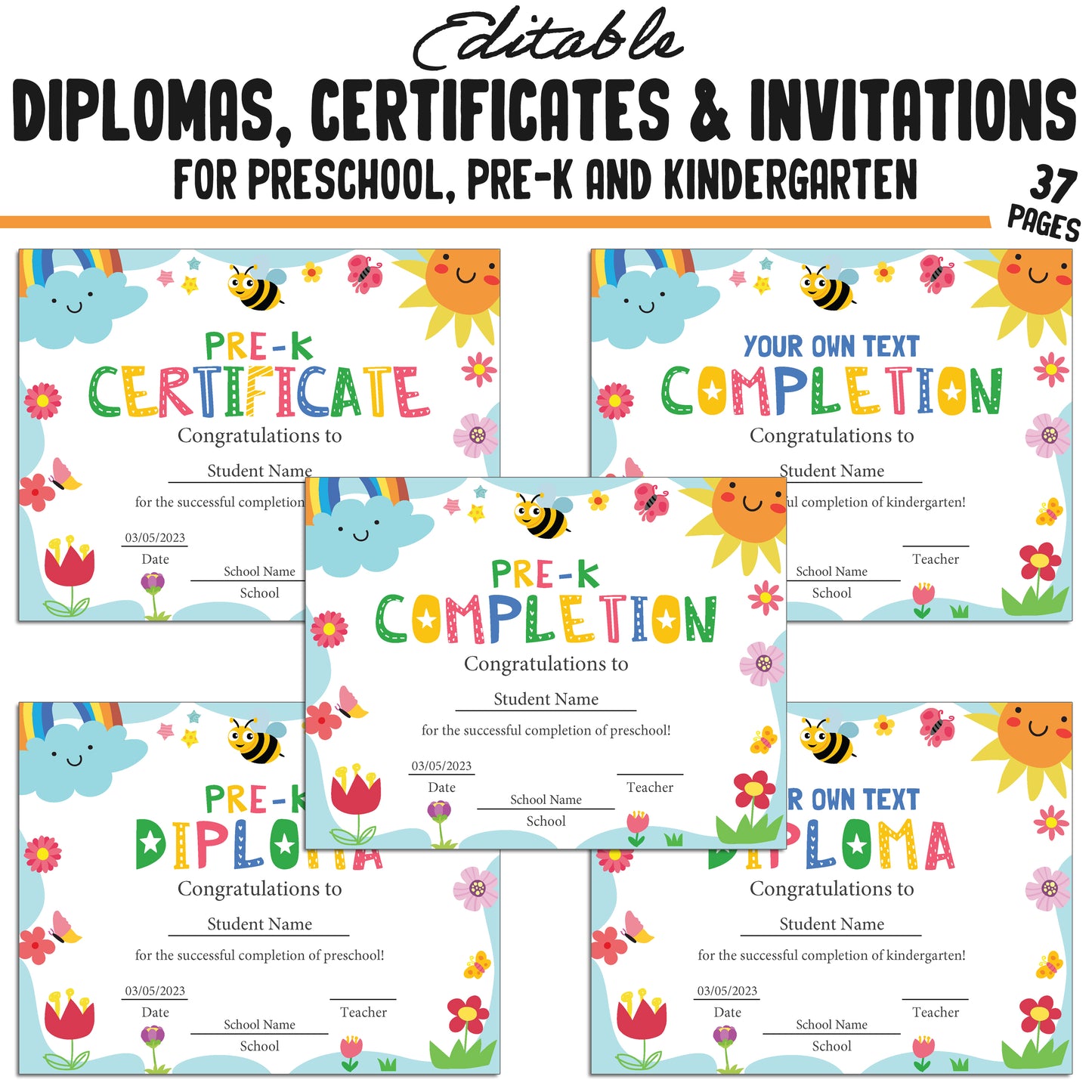 Printable Pre-K, Kindergarten, and Preschool Diplomas, Certificates, and Invitation Templates, Colorful Spring-Themed, PDF Instant Download.