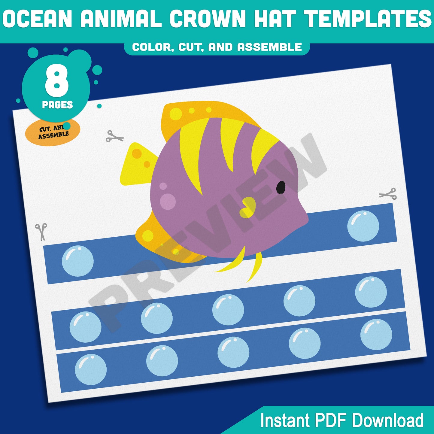 Ocean Animal Crown Hat Templates, Fun Printable Headband Craft for Kids – 8 Pages with Pre-Colored + Black & White, PDF for Teachers & Parents