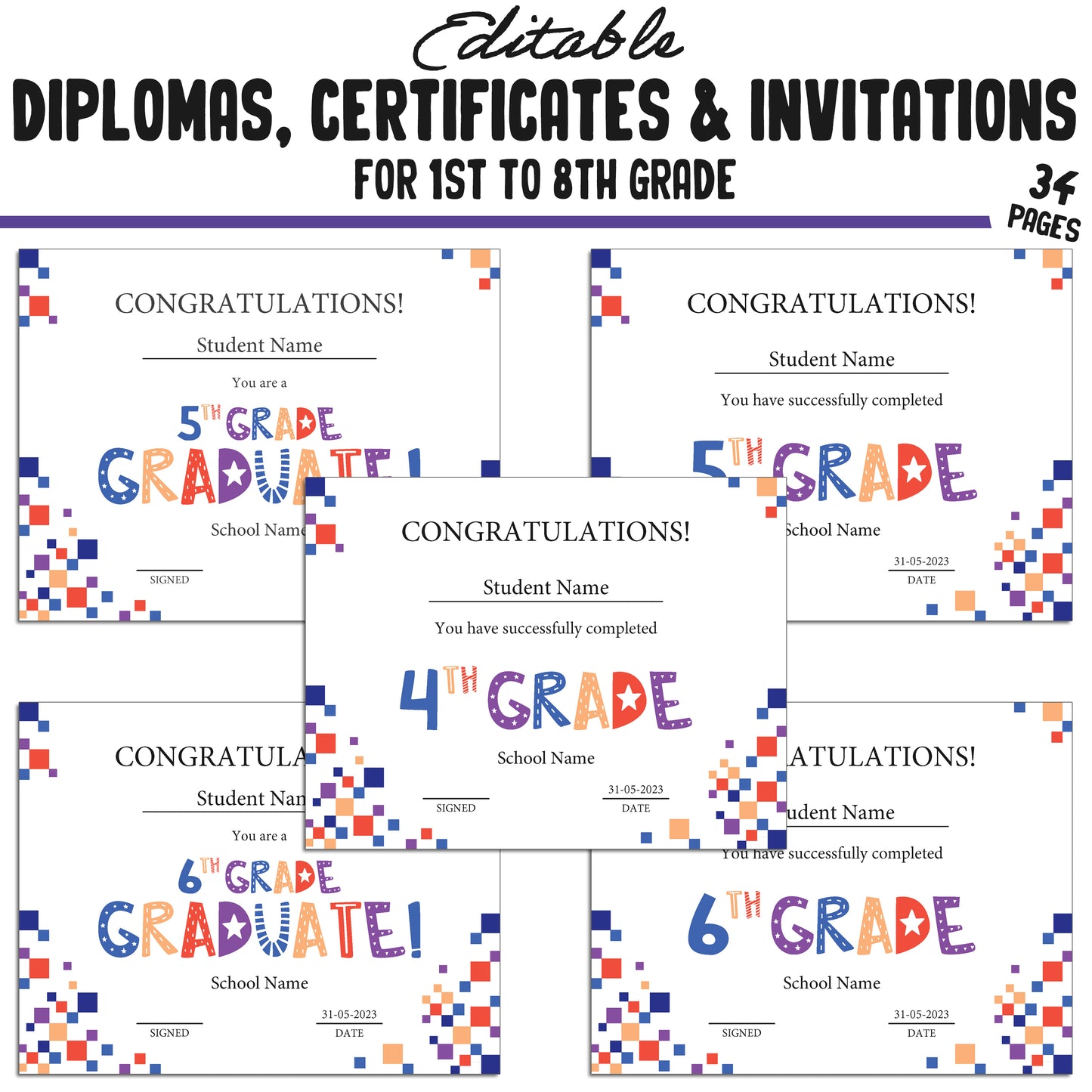 34 Editable First Grade Completion Certificate, 1st-8th Grade Diplomas & Invitation Templates, Simple Abstract-Themed, PDF Instant Download