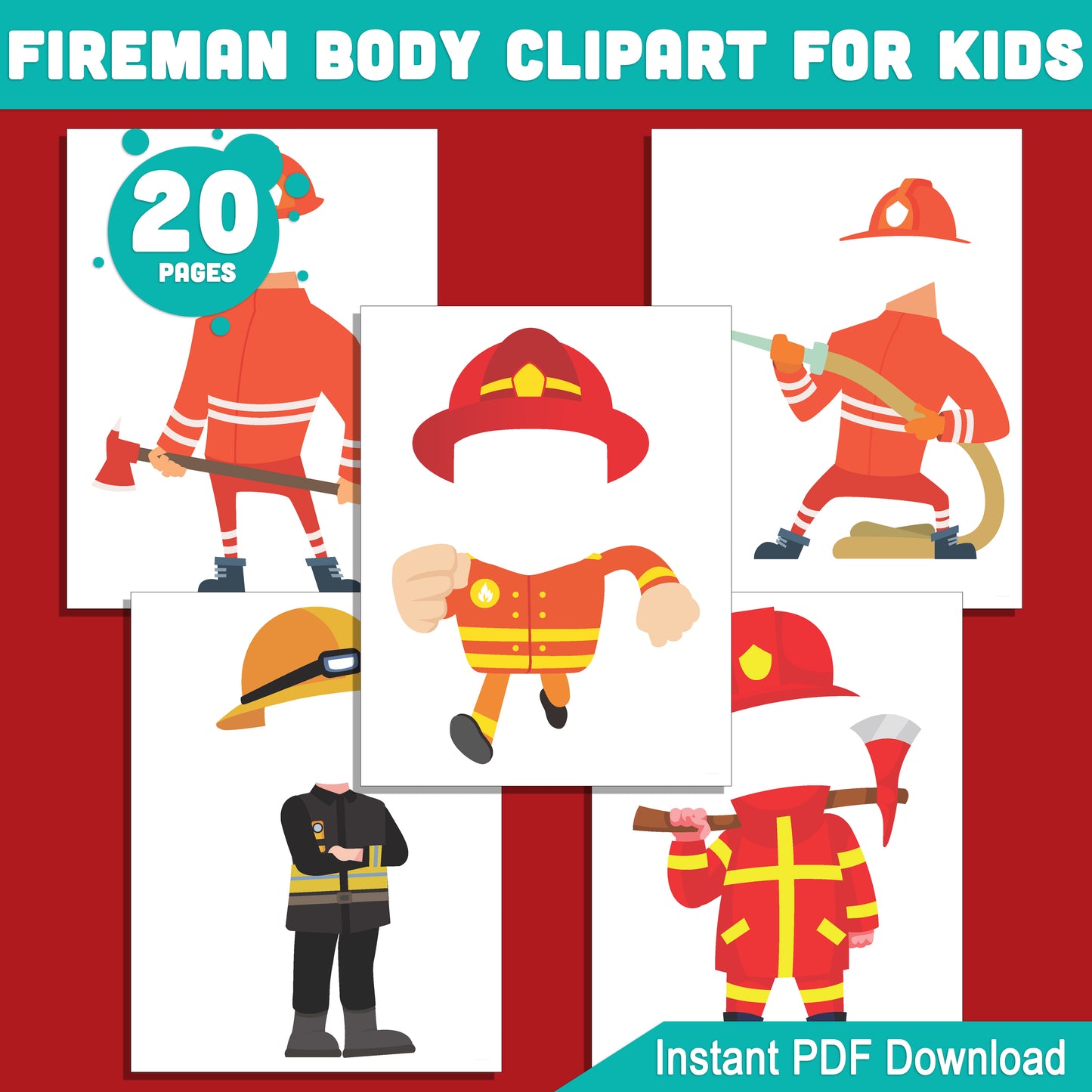 Kids’ Fireman Body Clipart: Set of Printable Firefighter Templates, Add Your Own Face for Exciting Crafts, Role-Playing, and DIY Fun, Light + Dark Skin Tone, PDF + PNG