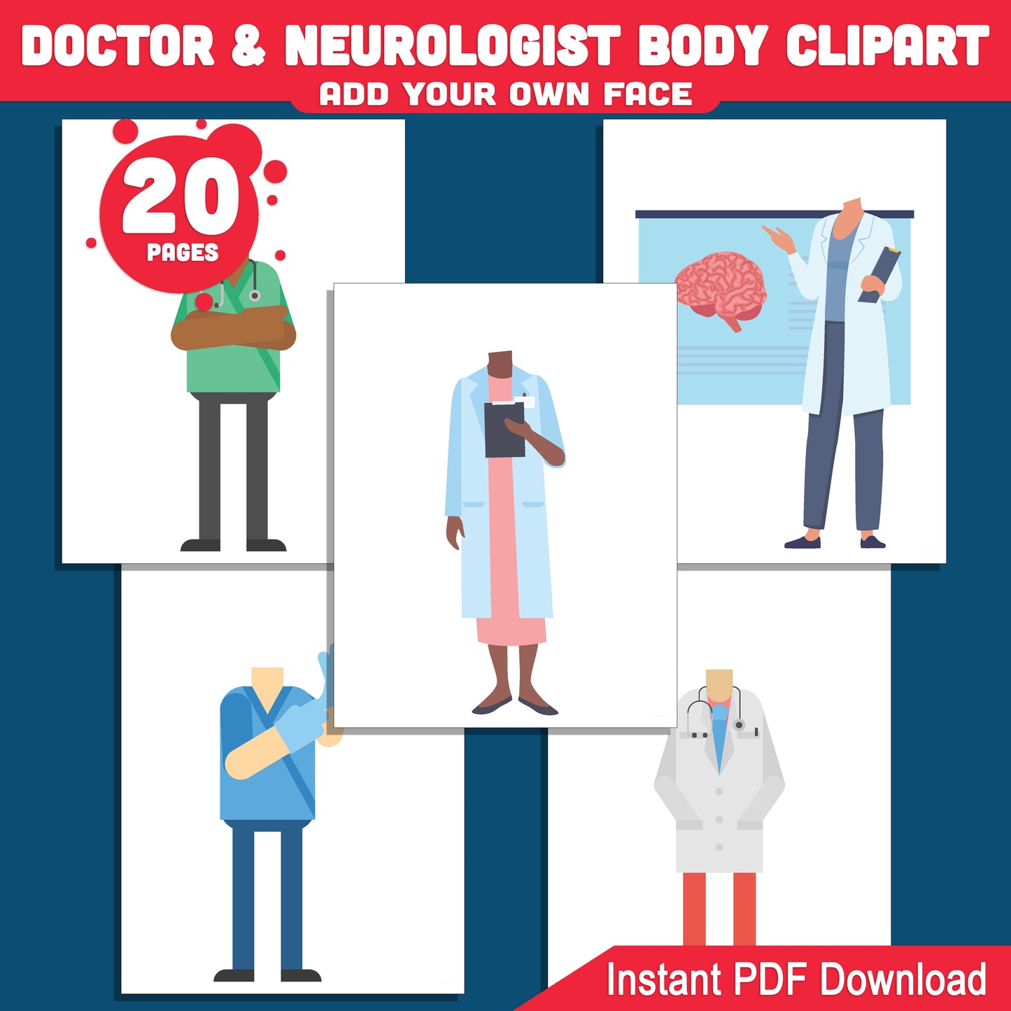 Printable Doctor & Neurologist Clipart: 20 Fun Cutouts for Kids’ Creative Play, DIY Face Inserts, Great for Bulletin Boards & Craft Projects