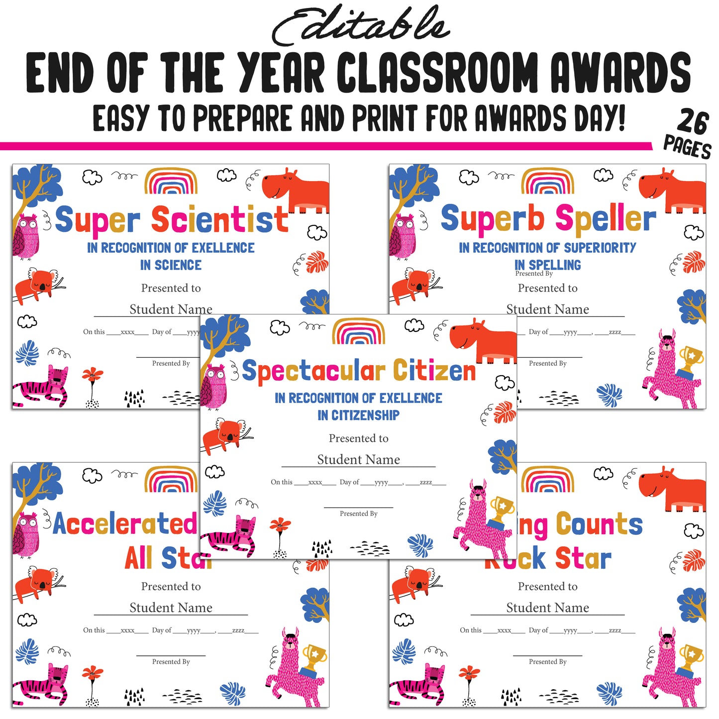 Customizable Classroom Superlatives and Fun End-of-Year Awards β 26-Page PDF with Adorable Animal Theme β Instant Download
