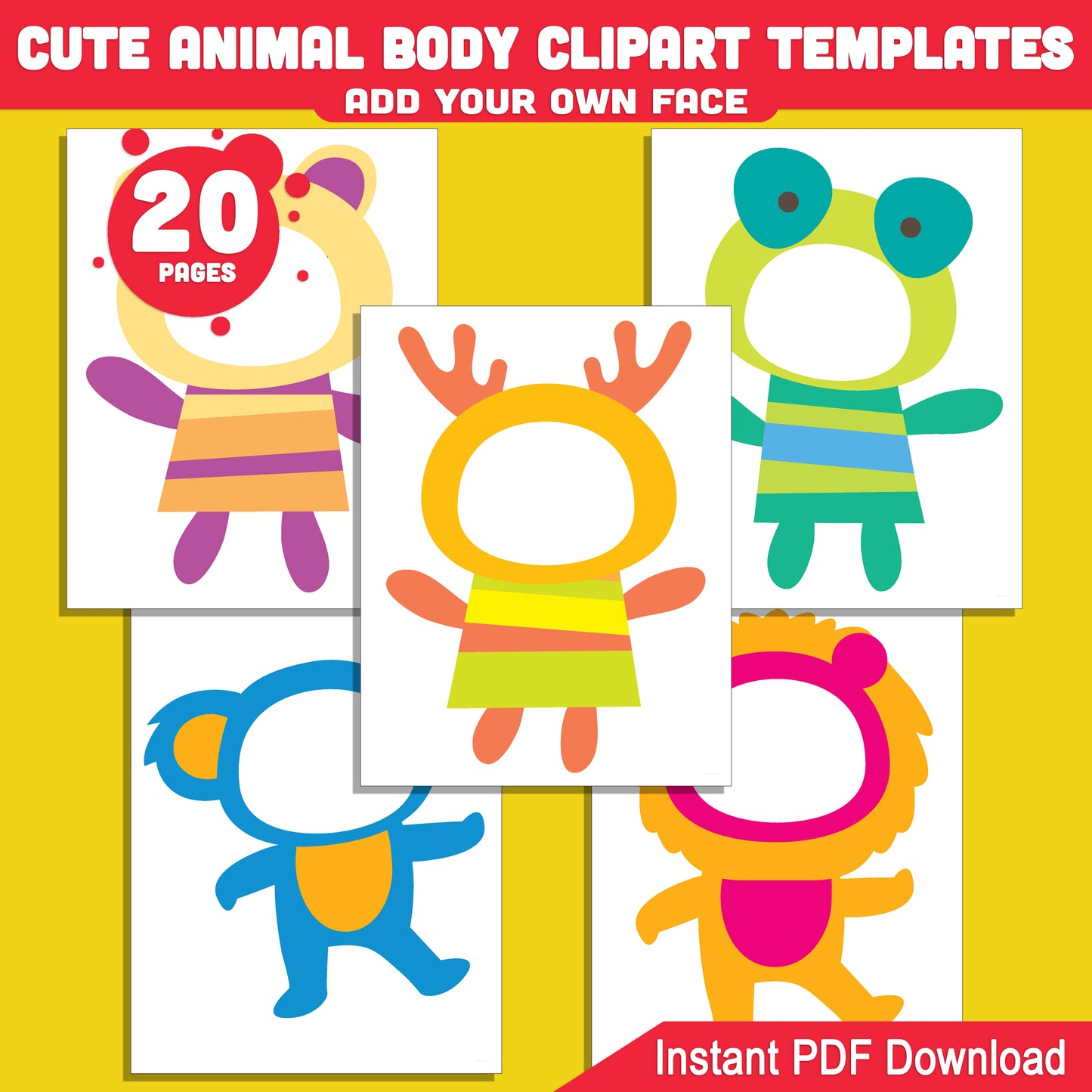 Animal Body Clipart Templates: Personalize with Your Photo, 20 Fun Printable Cutouts for DIY Kids’ Crafts, Instant Digital Download.