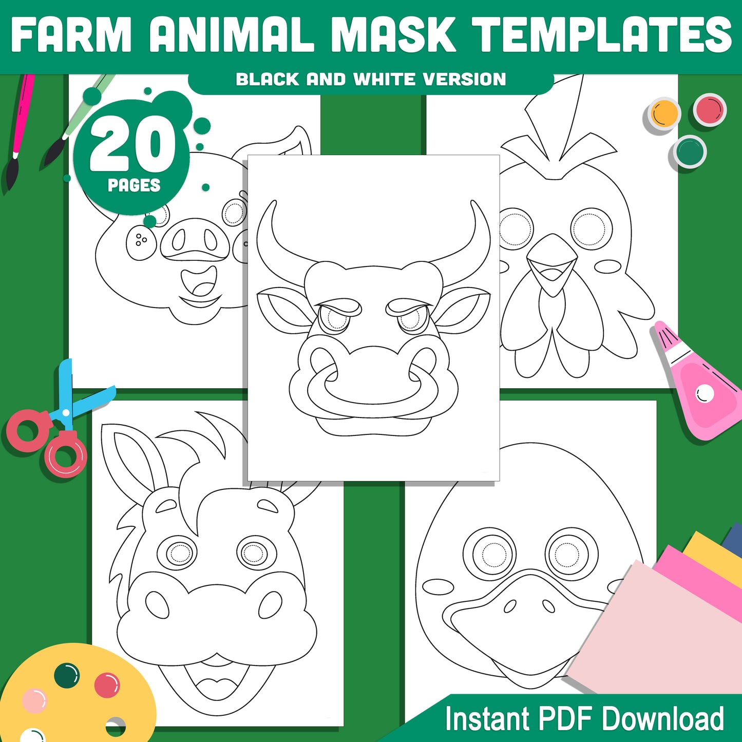 DIY Farm Animal Mask Templates: 20-Page Printable Craft Set, Pre-Colored & Black and White, Perfect for Kids' Costumes, Parties & Classrooms