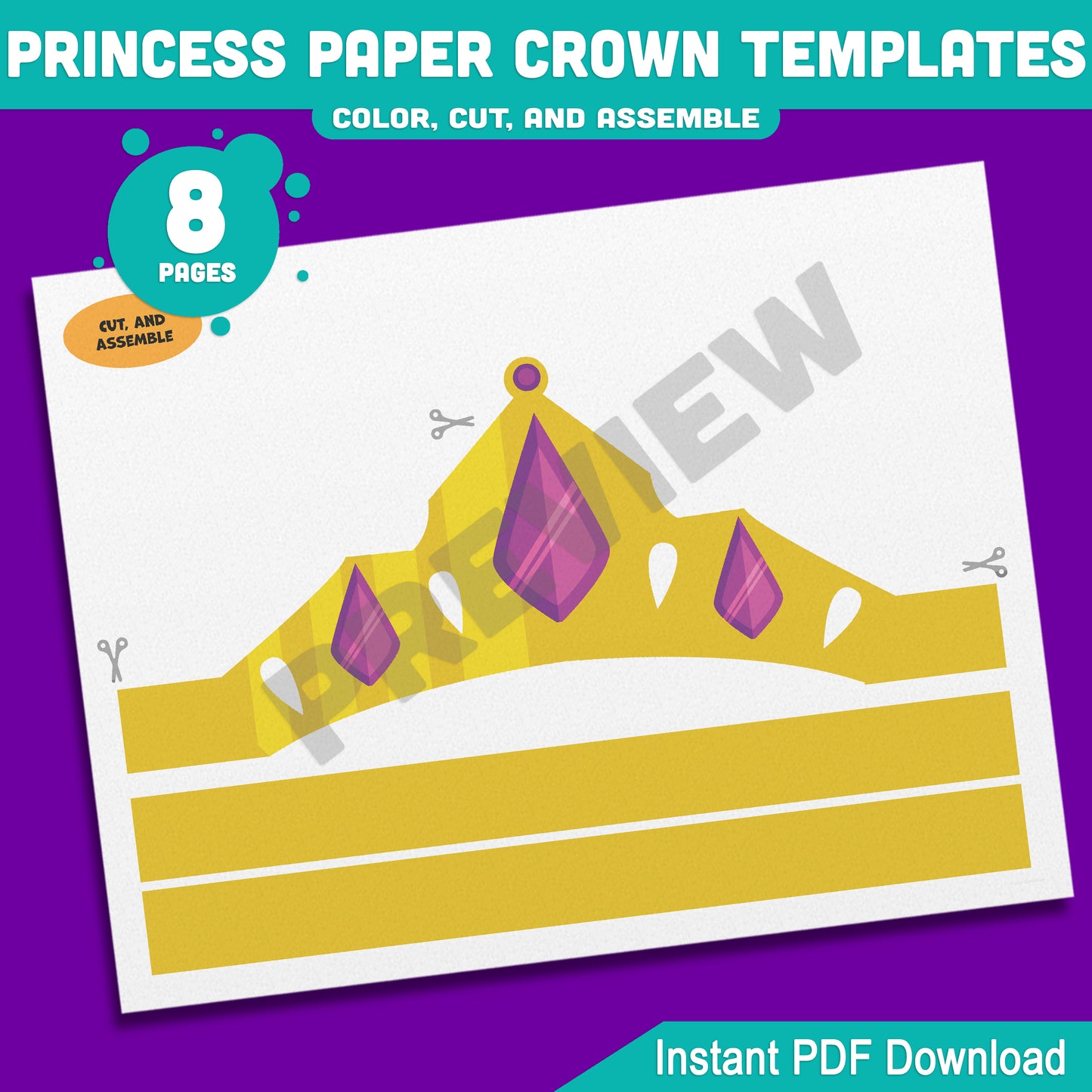 Princess Paper Crowns – 4 Printable Tiara and Royal Hat Designs for Kids, in Color and Black & White, Fun Headband Craft, 8 Pages