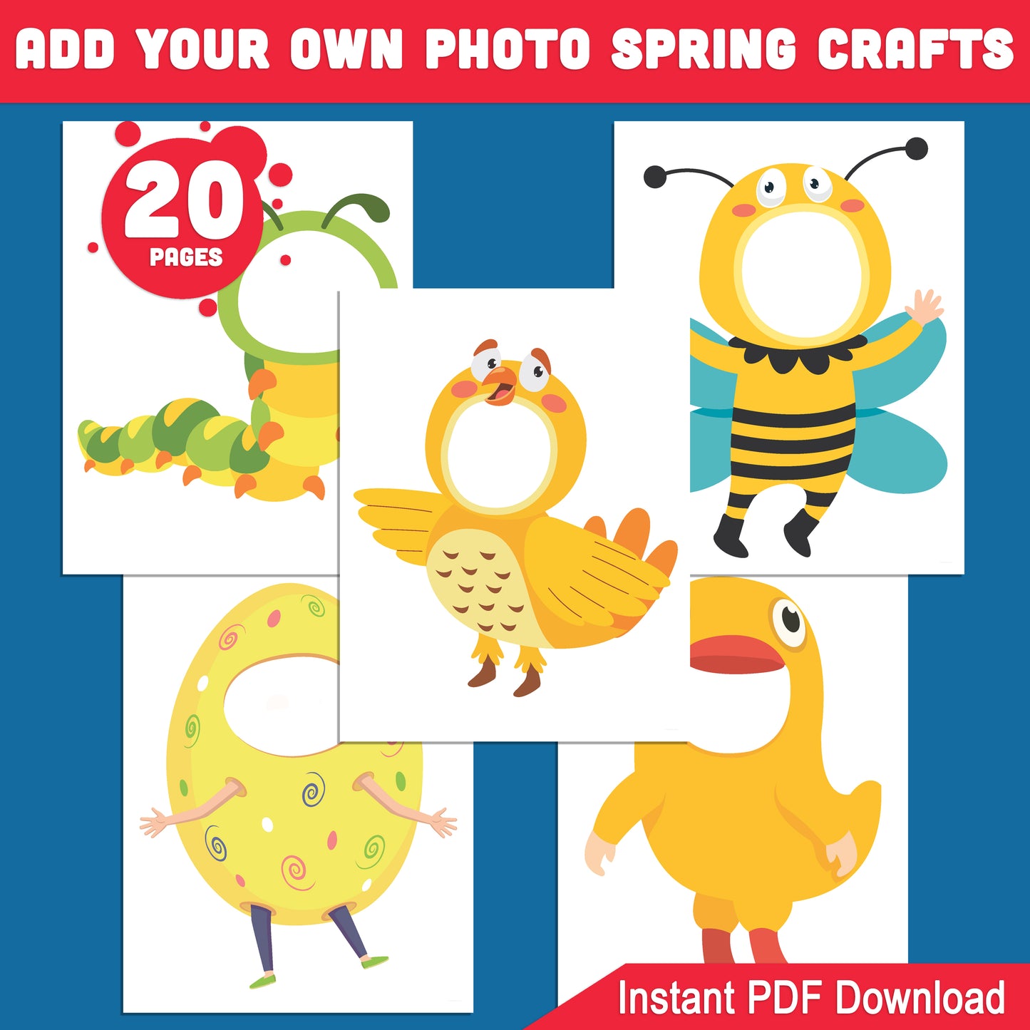 Add Your Own Face Spring Craft Body Clipart Templates: 20 Fun Characters Like Ladybugs, Ducklings, Flowers, and Easter Eggs, Instant PDF Download