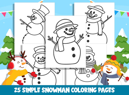 25 Cute Simple Snowman Coloring Pages, Large Size, Thick Border, Perfect for Preschool & Kindergarten, PDF File, Instant Download