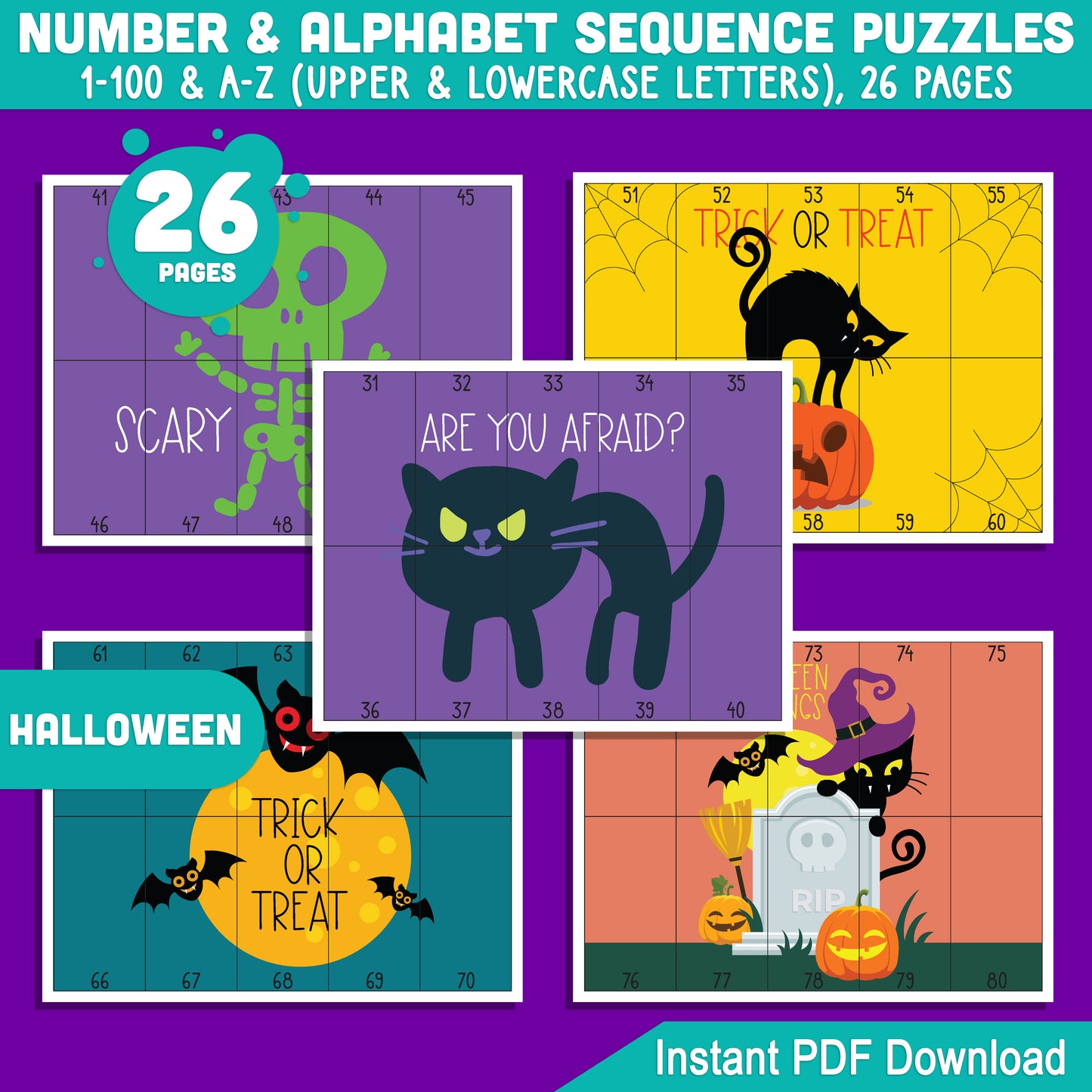 Halloween Number and Alphabet Puzzles: 1-100 and A-Z Sequencing Activities for Toddlers, Preschool, and Kindergarten – Printable PDF for Math Centers