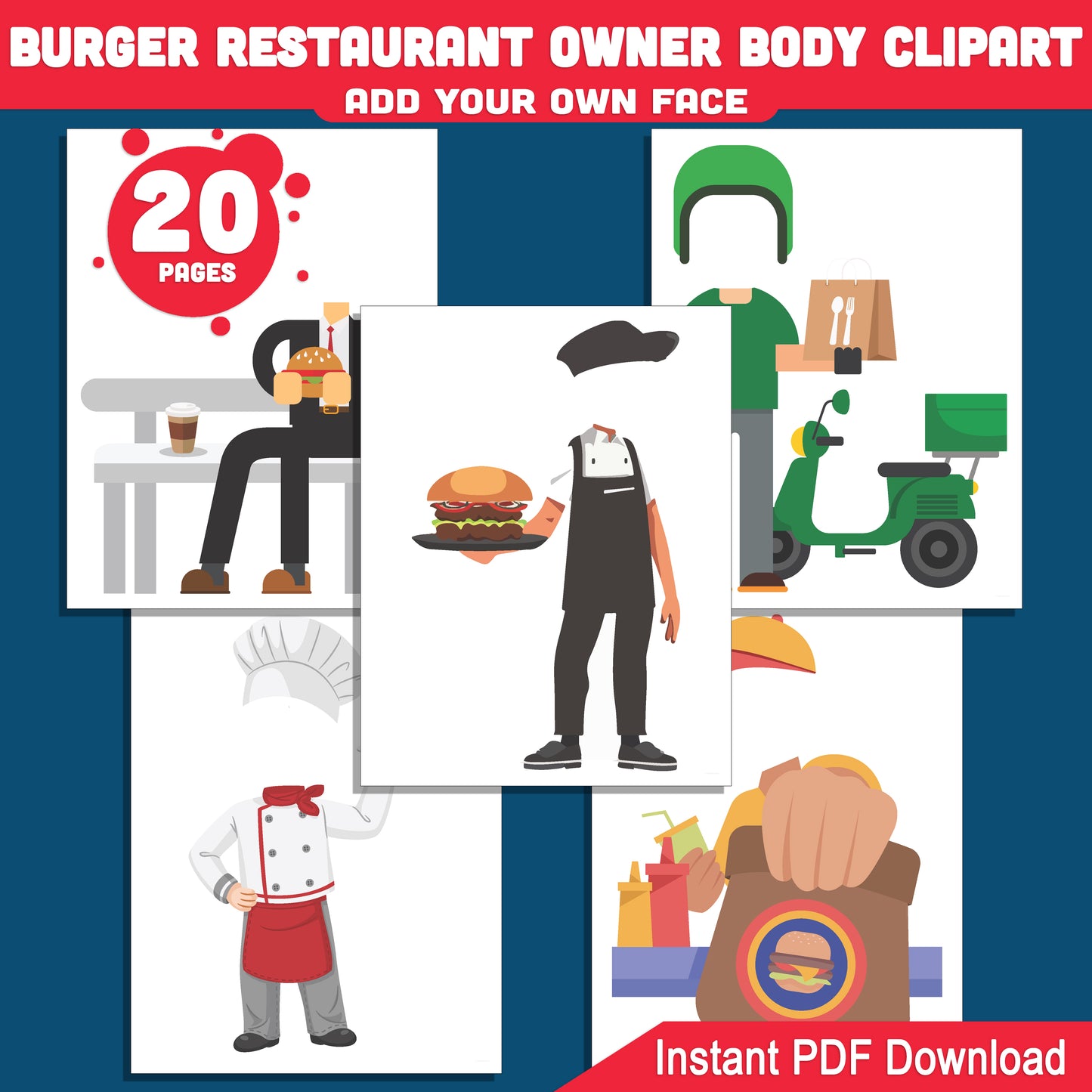 Kids’ Burger Chef & Restaurant Owner Clipart: Printable Cutouts, Add Your Face for Fun Role Play, DIY Fast-Food Drama, Light + Dark Skin Tone, PDF + PNG, Instant Download