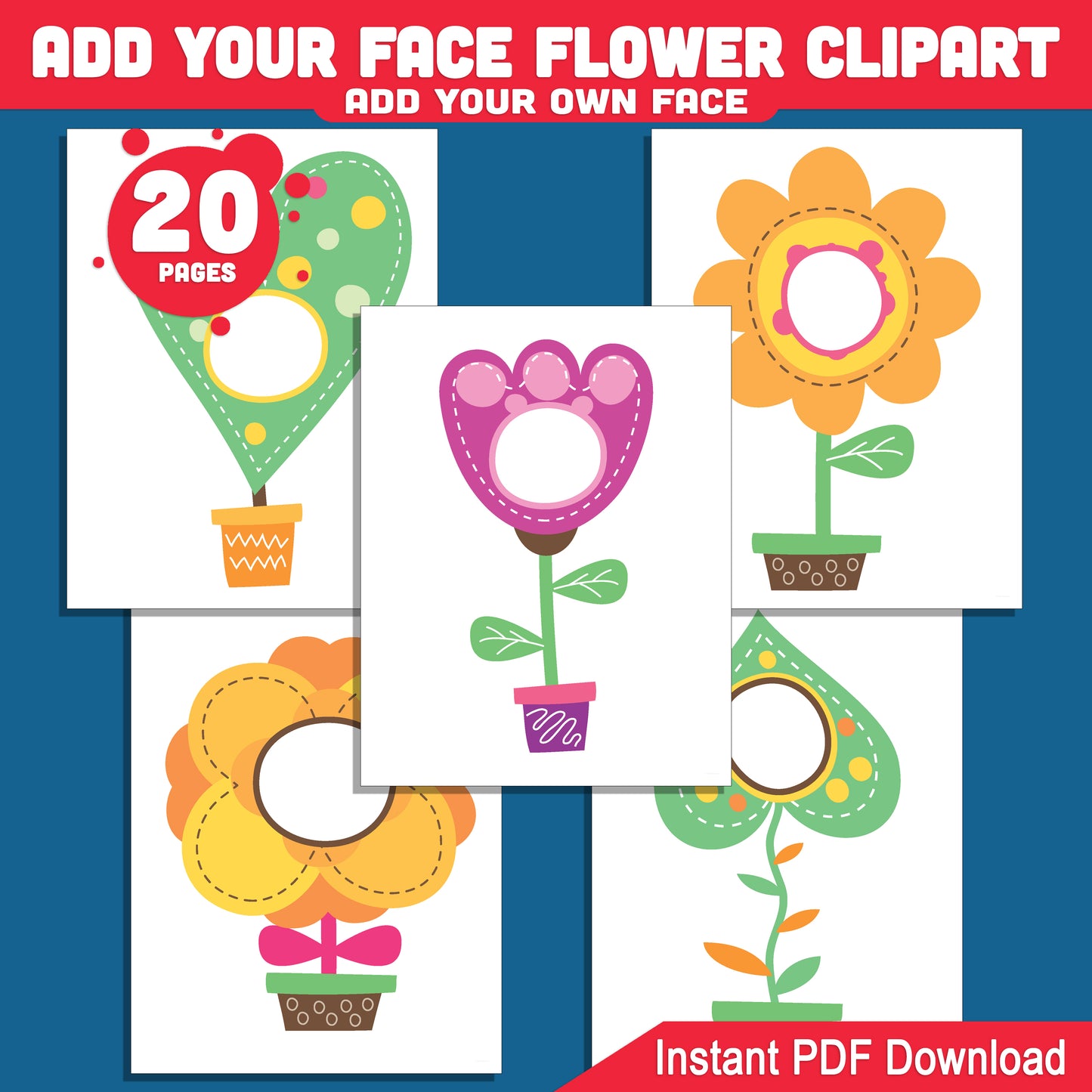 DIY Flower Face Clipart Templates: Add Your Own Photo to Cute Floral Body Cutouts, Fun Spring Craft for Kids, Printable PDF + PNG for Easy Photo Swap Activity.