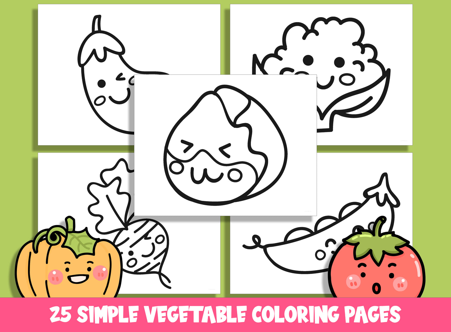 25 Cute Simple Vegetable Coloring Pages, Large Size, Thick Border, Perfect for Preschool & Kindergarten, PDF File, Instant Download