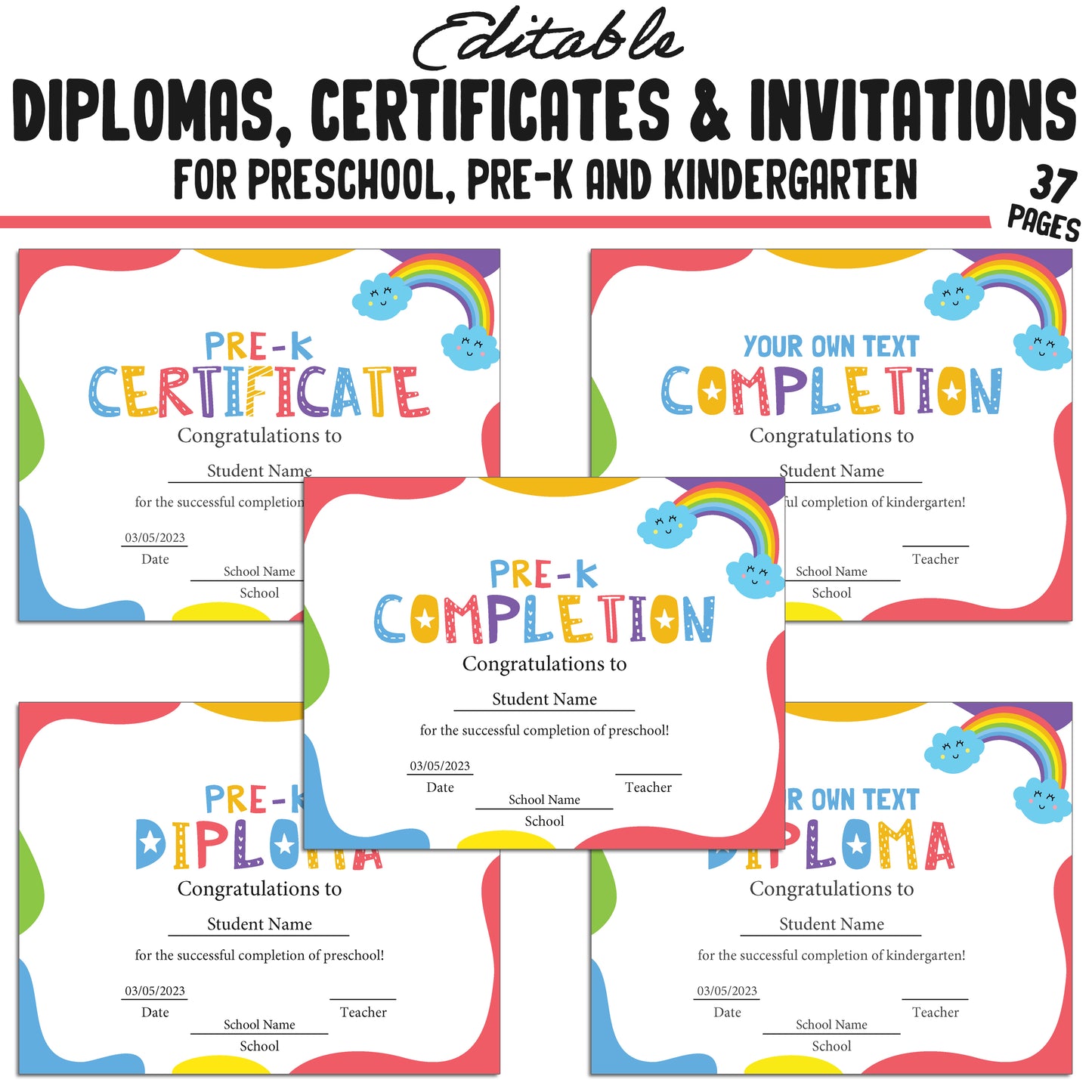 37 Editable Kindergarten, Pre-K, and Preschool Diplomas, Certificates of Completion, and Invitations β Instant PDF Download!
